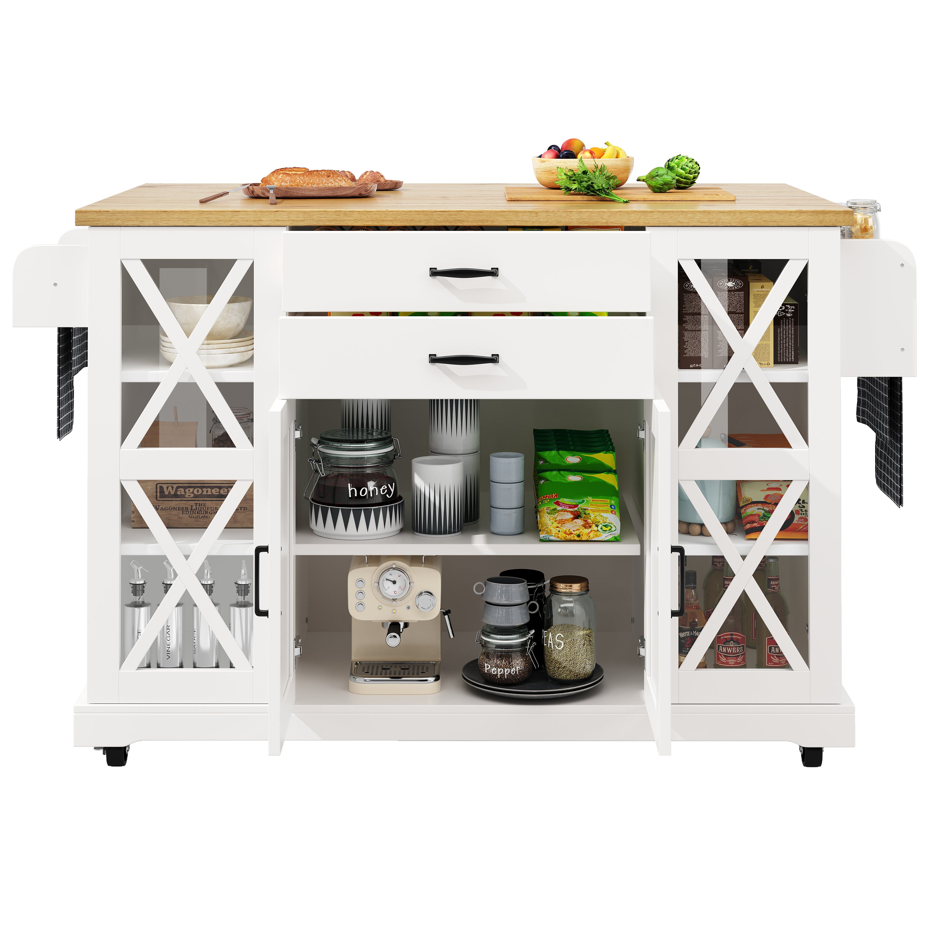 Mobile Kitchen Island Serving Trolley 4 Doors Glass Drawers Adjustable Shelves - White