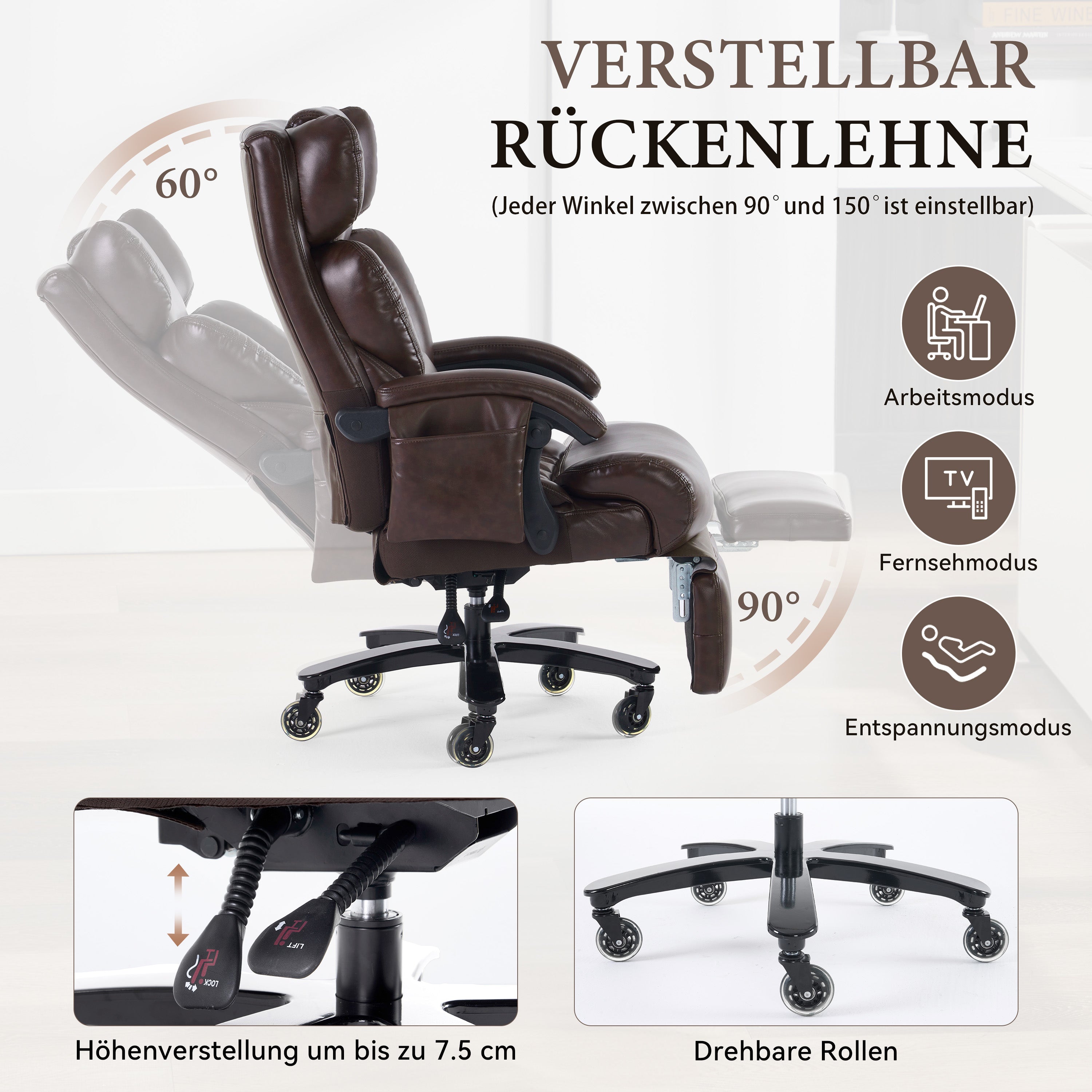 XXL Ergonomic Office Chair with Massage and Heating Function, Footrest and Adjustable Backrest, Brown PU Leather