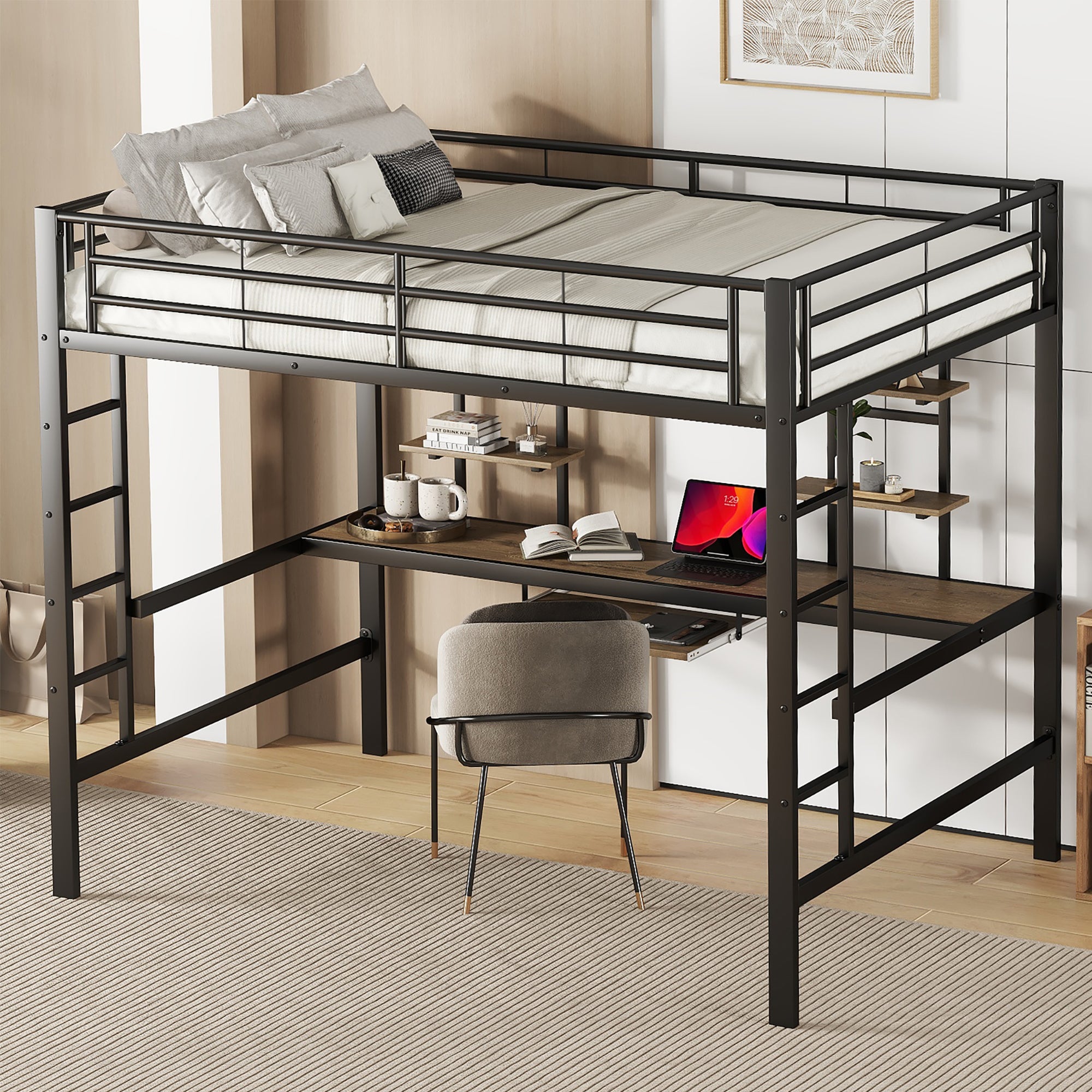 Loft Bed 140x200cm with Desk & 2 Bookshelves - Black Metal