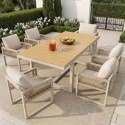 7-Piece Garden Dining Set with 1 Table and 6 Rope Weave Chairs, Weatherproof Cushions, Beige