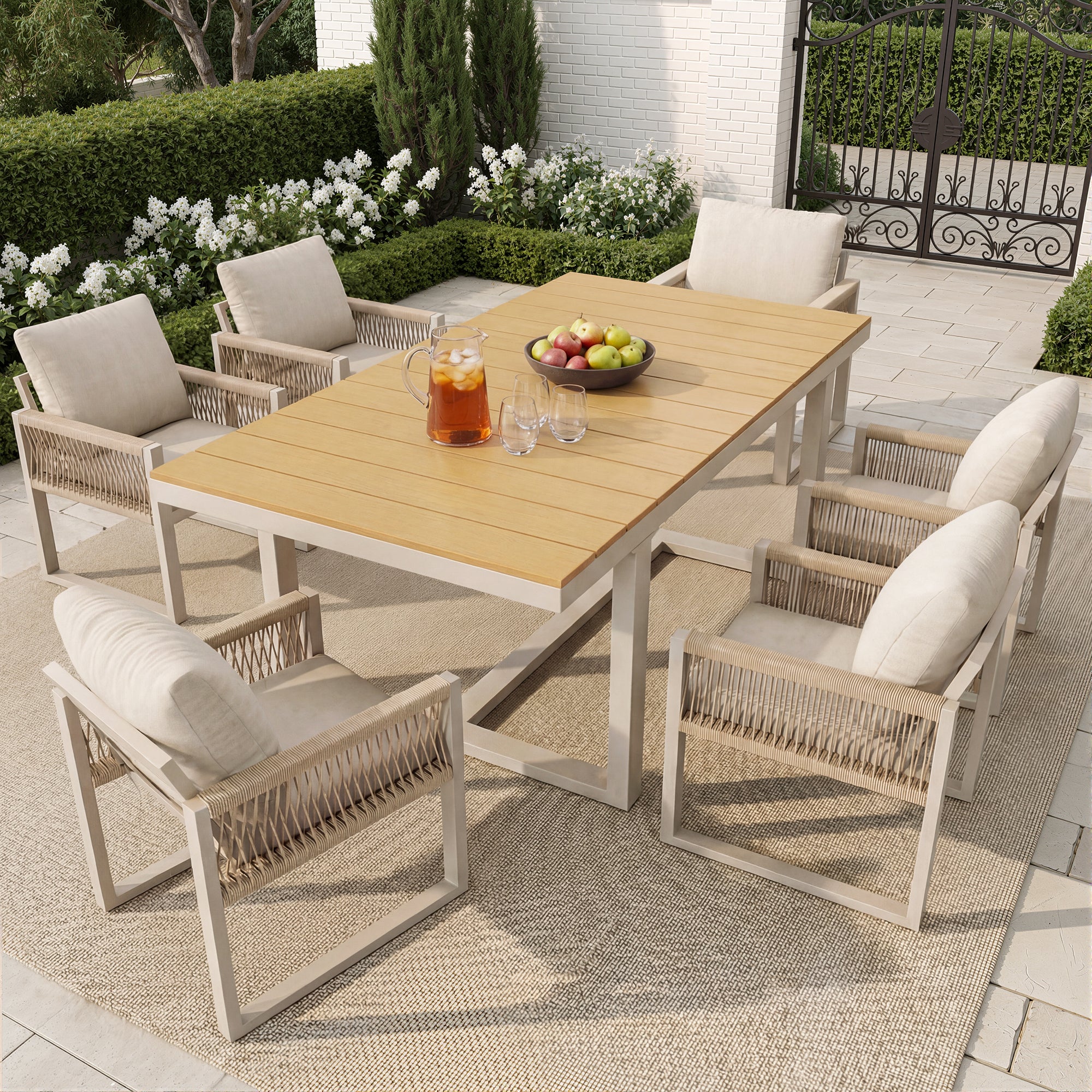 7-Piece Garden Dining Set with 1 Table and 6 Rope Weave Chairs, Weatherproof Cushions, Beige