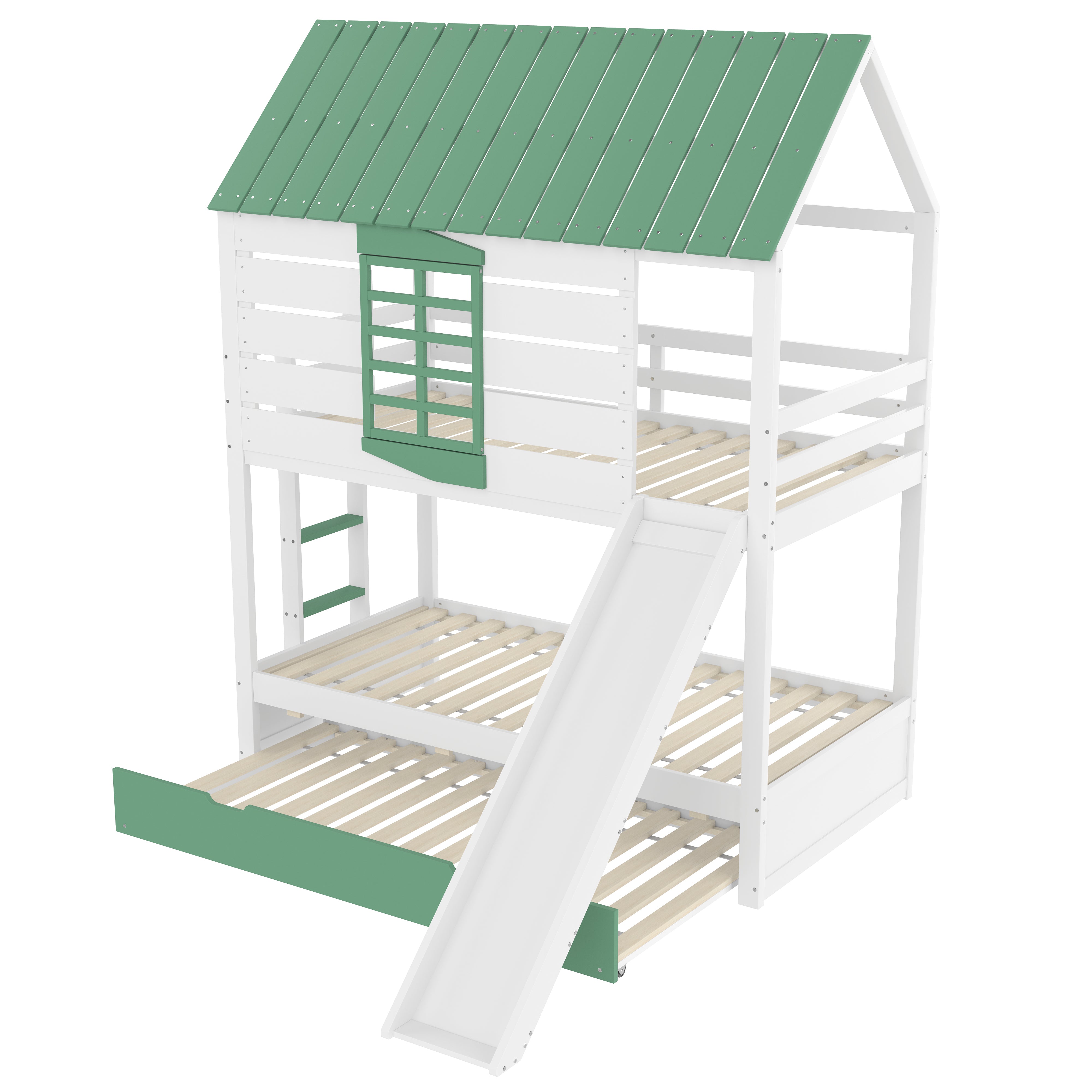 House Bunk Bed, 90X200 with Slide and Pull-Out Bed, White+Green