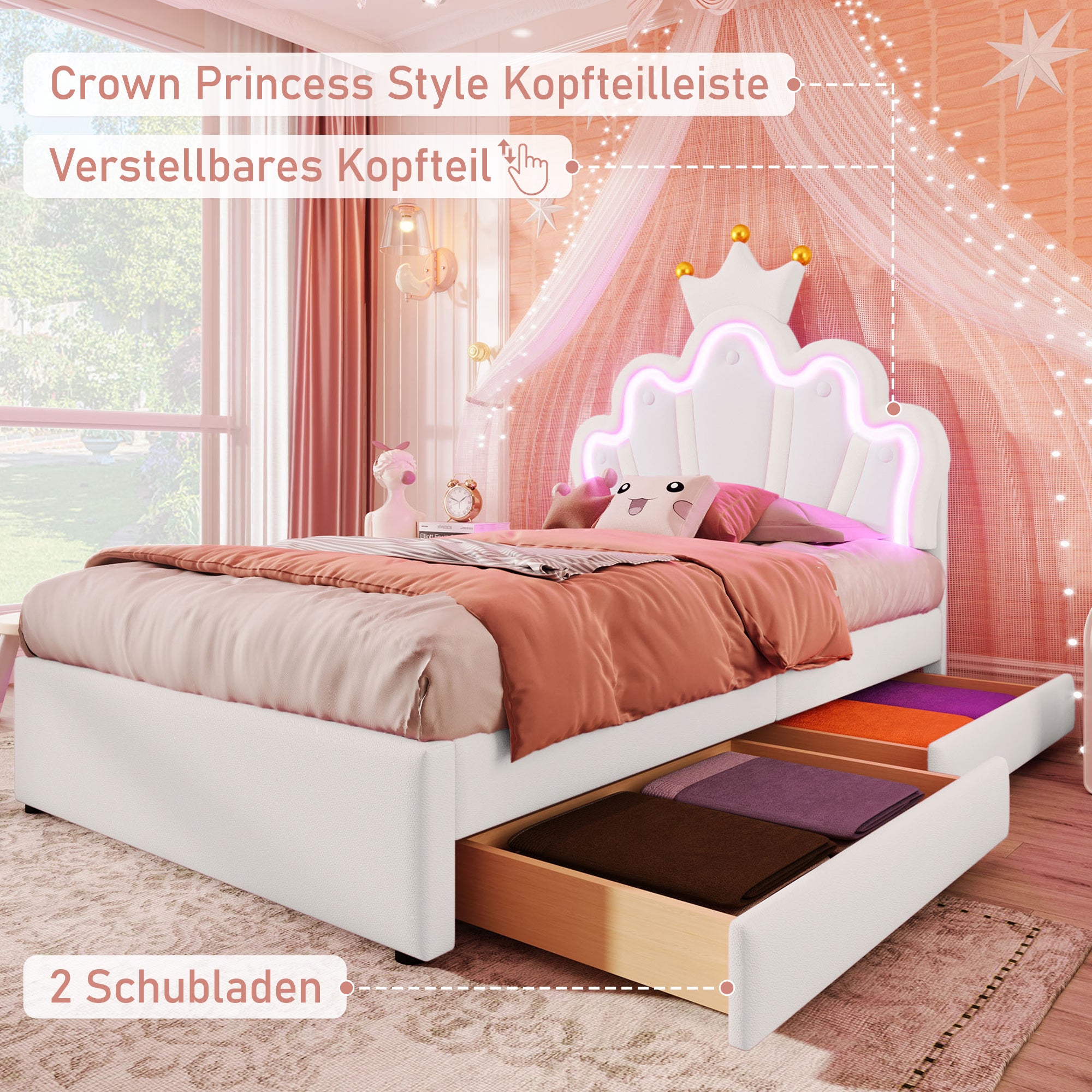 Upholstered Bed 90x200cm 2 Drawers Crown Adjustable Headboard Ambient Light - White PU