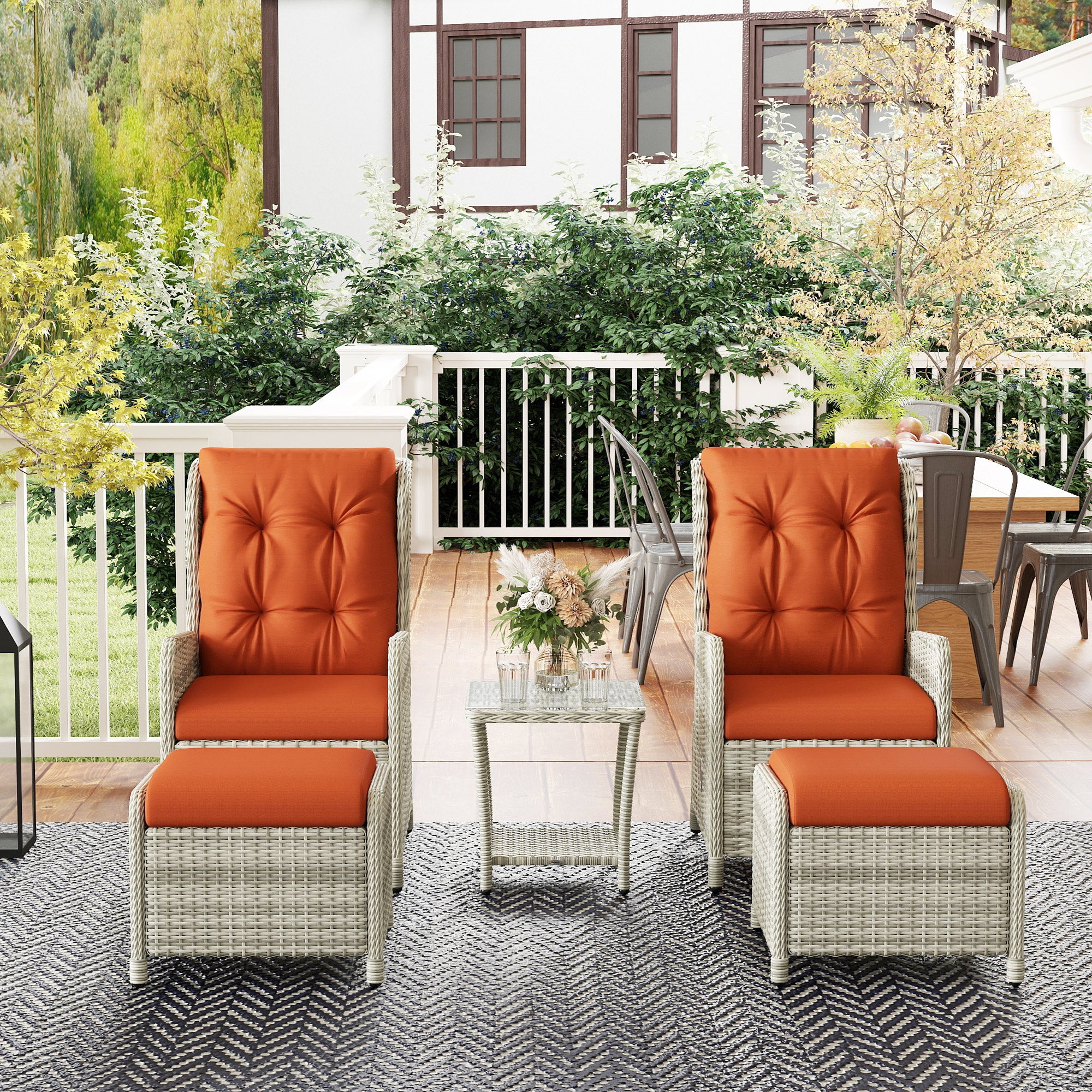 5 Pieces Rattan Bistro Set, Adjustable Reclining Chairs with Cushions and Glass Top Table, Orange