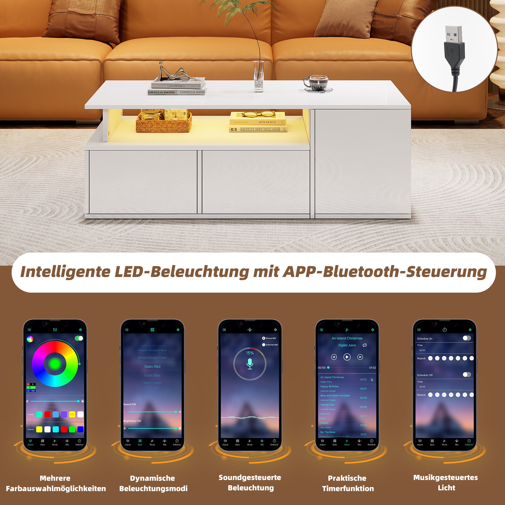 Coffee Table 100x50x35cm LED Lighting 2 Drawers, White