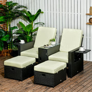 5PC Sun Lounger Set, 5-Level Adjustable Recliner with Storage and Side Table, PE Rattan Wicker Black