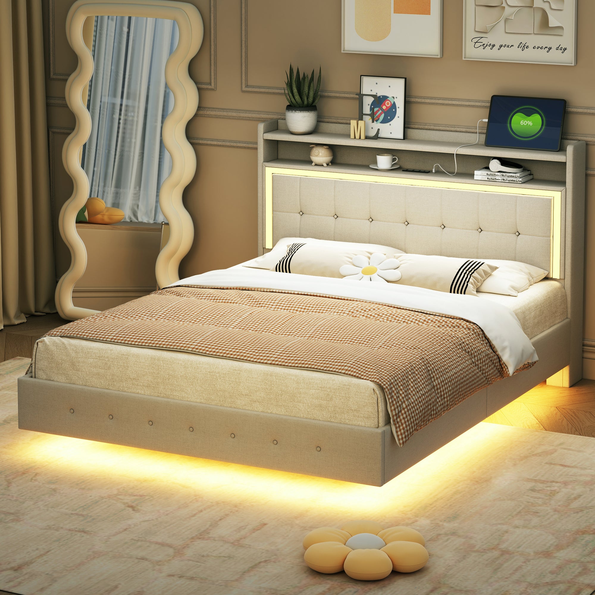 Upholstered Bed 140*200 with USB & LED Light, Linen Beige
