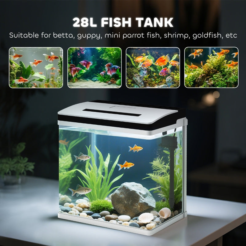 Aquarium Fish Tank, 28L with Filter and LED Lighting, Glass