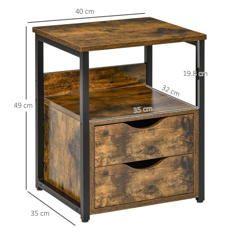 Industrial Side Table with Drawer and Storage Shelf, Slim Nightstand, Rustic Brown