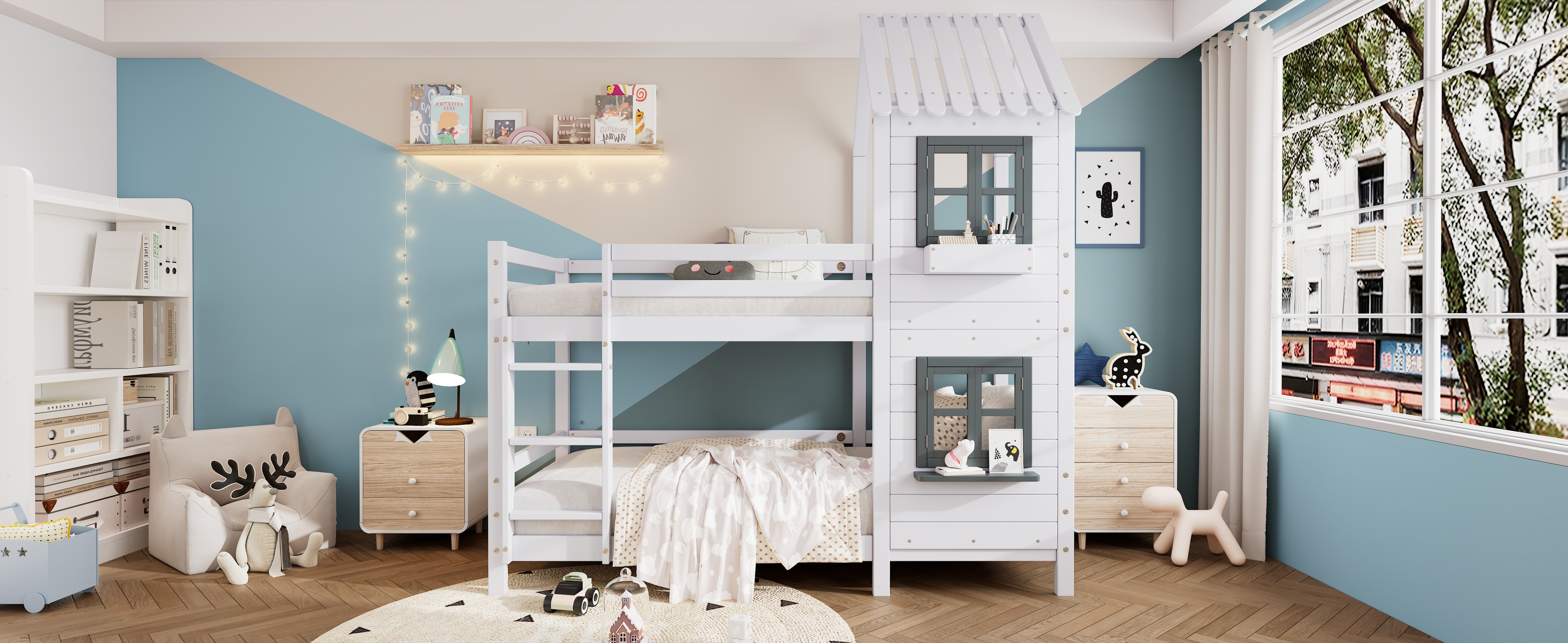 Bunk Bed, House Bed with Handrail & Window, Pine Frame, White