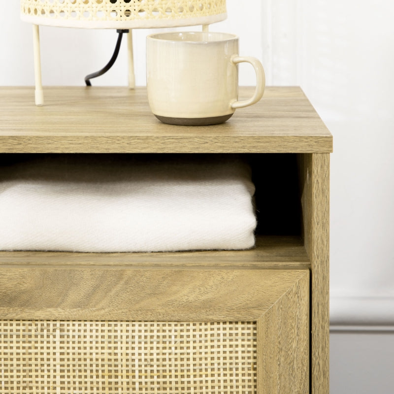 Bedside Table with Shelf and Cupboard, Rattan Element, Natural