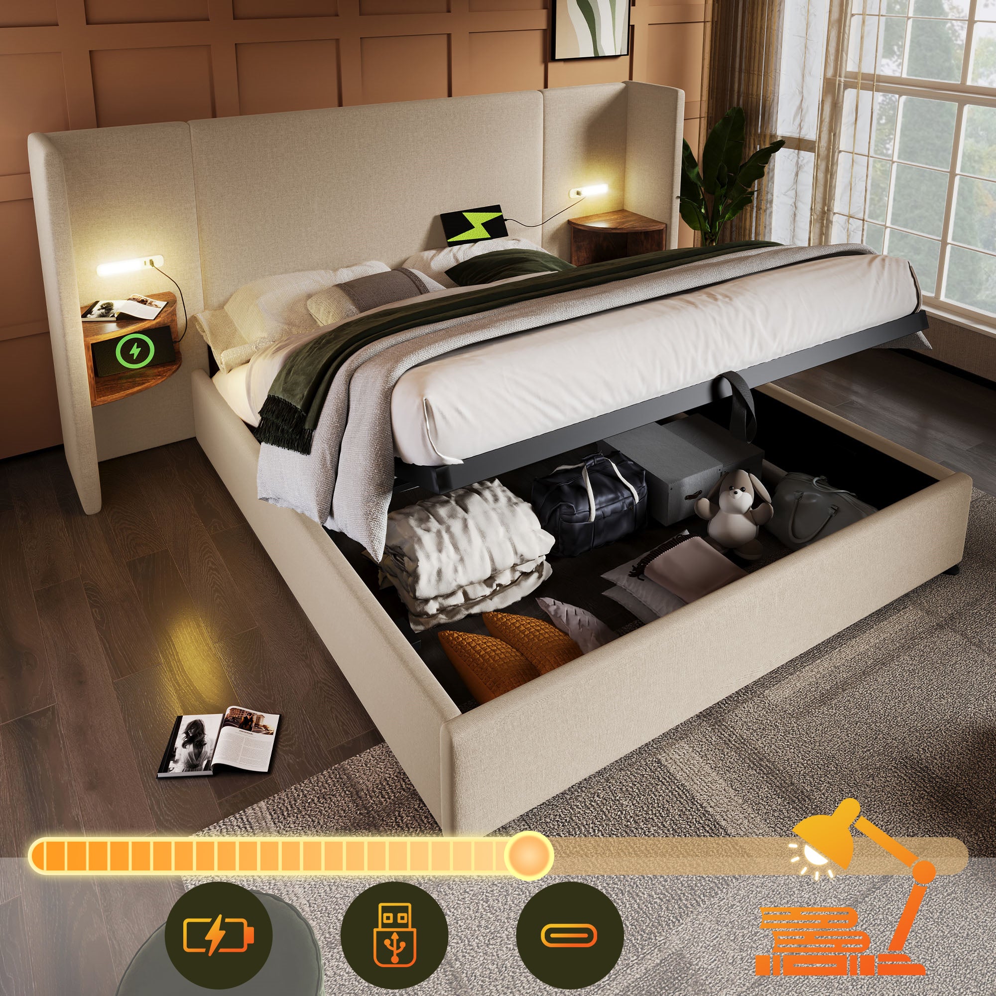 Upholstered Double Bed 160x200, with Bedside Table, Reading Lamp, USB-C, Storage, Solid Wood & Metal Frame, Beige Linen