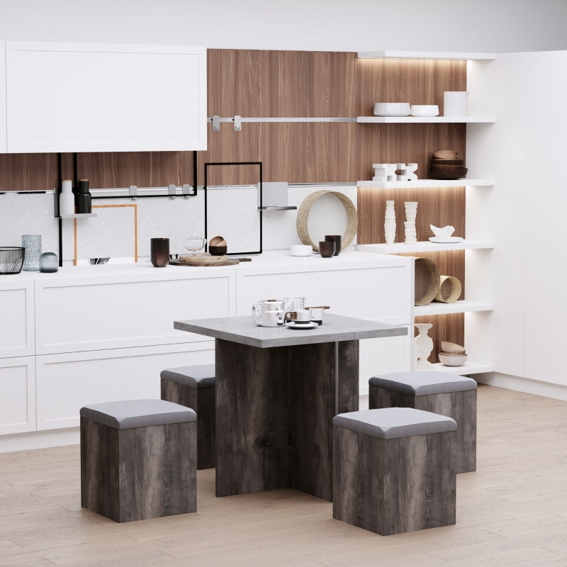 5PC Dining Set Space Saving Design, 4 Storage Stools with Cushions + 1 Table, Wooden