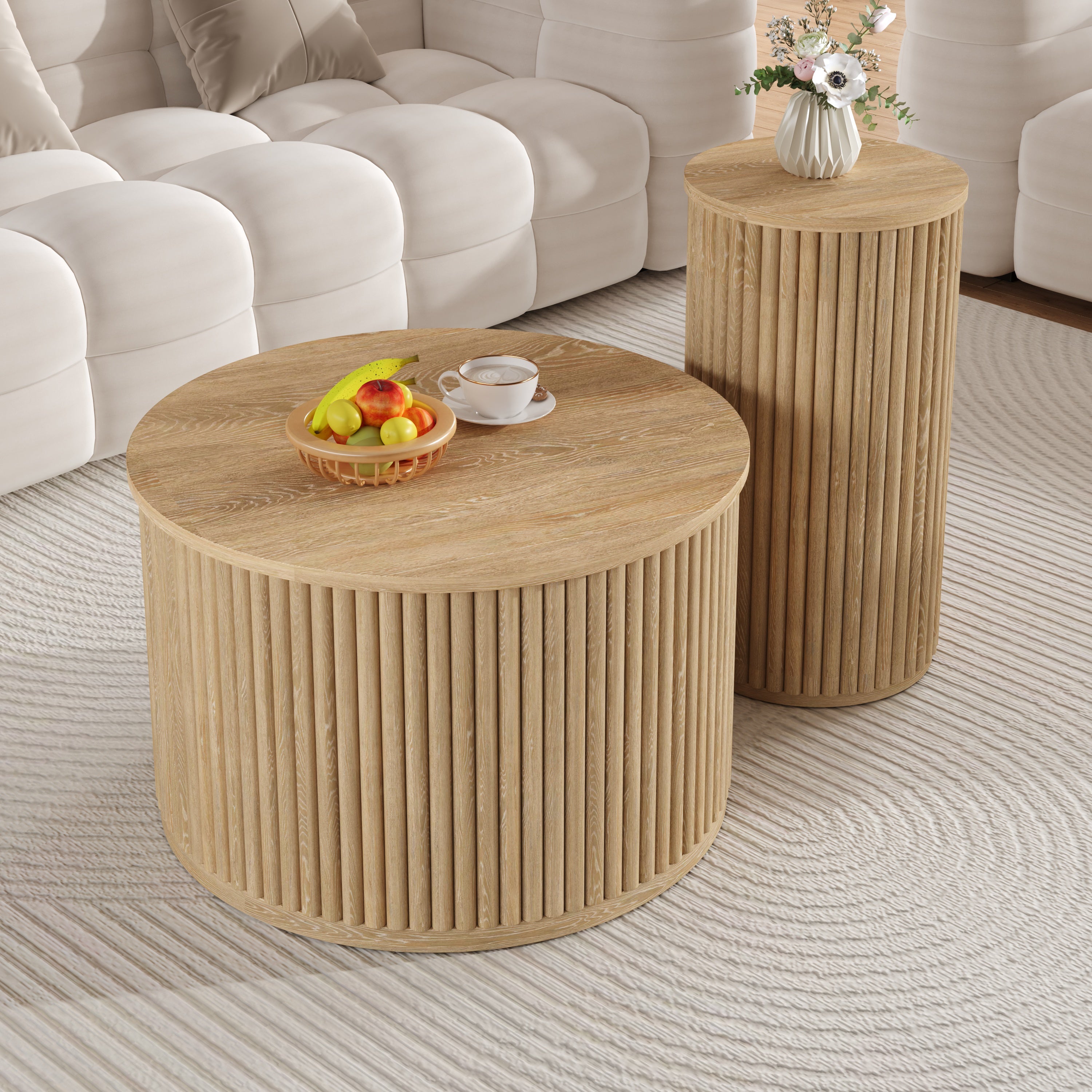 Coffee Table Double Round Slatted - Natural Wood