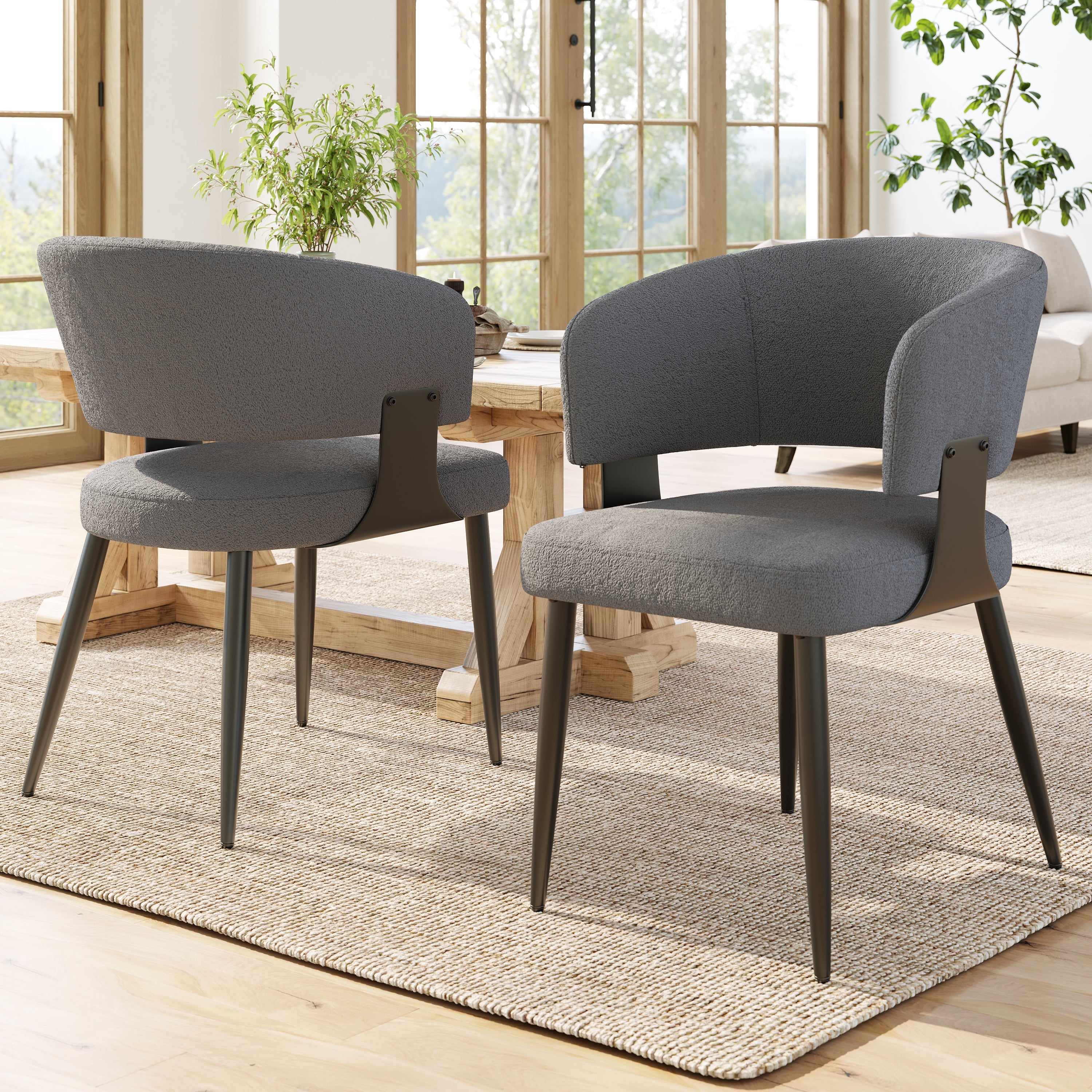 Ergonomic Dining and Vanity Chair Set of 2 with Curved Backrest, Beige and Grey Flannel