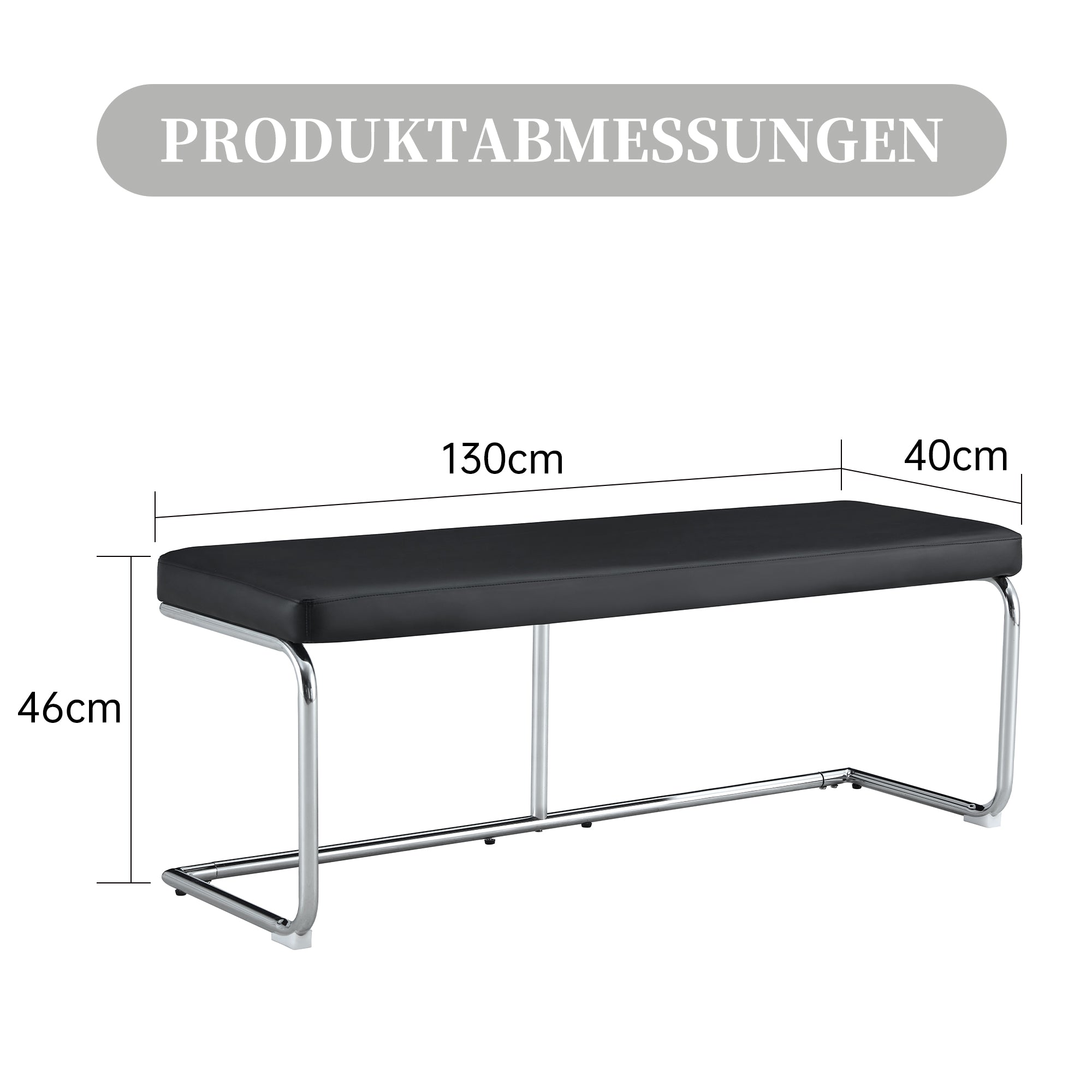 Bench 130cm Modern Dining Hallway Chrome Frame Leather Black