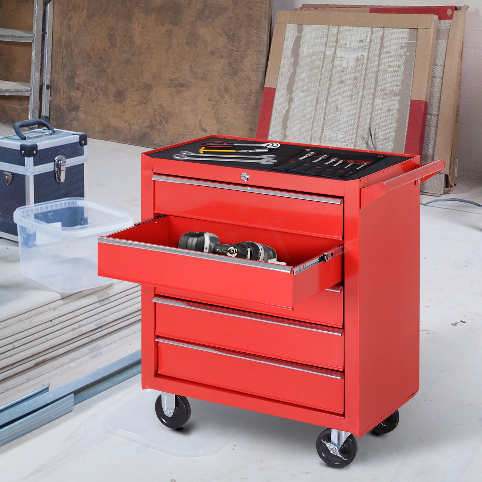 DURHAND Workshop Trolley, 5 Drawers, Lockable, Mobile, 150 kg, Steel Red