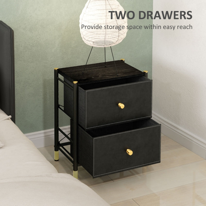Bedside Table Two Drawers Storage Faux Leather Black