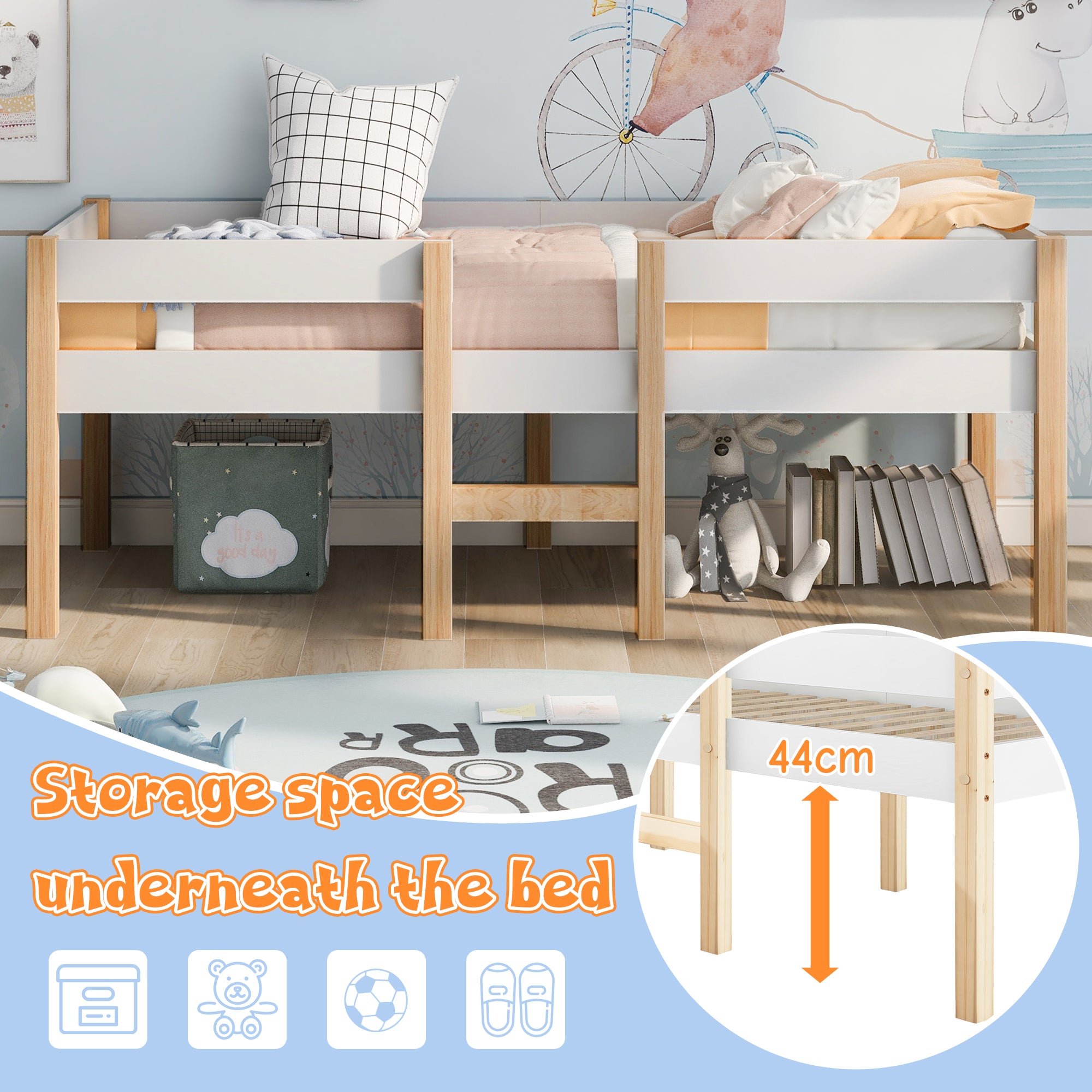 Children's bed with fall protection, 90x200 cm, solid pine wood, white & oak