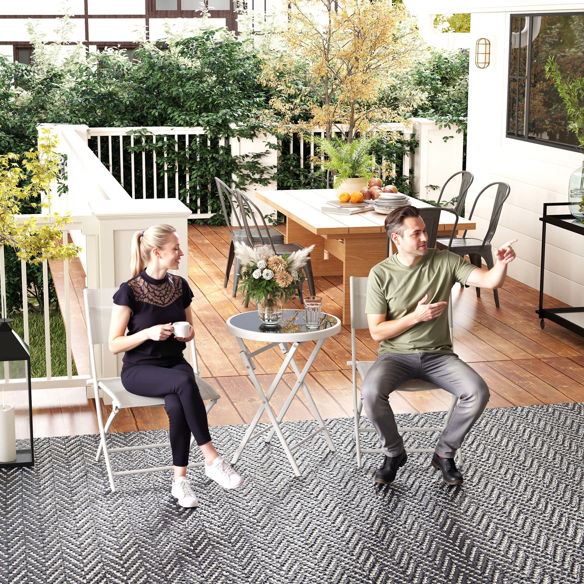 3 Piece Outdoor Bistro Set, Glass Top Table and 2 Folding Chairs, White