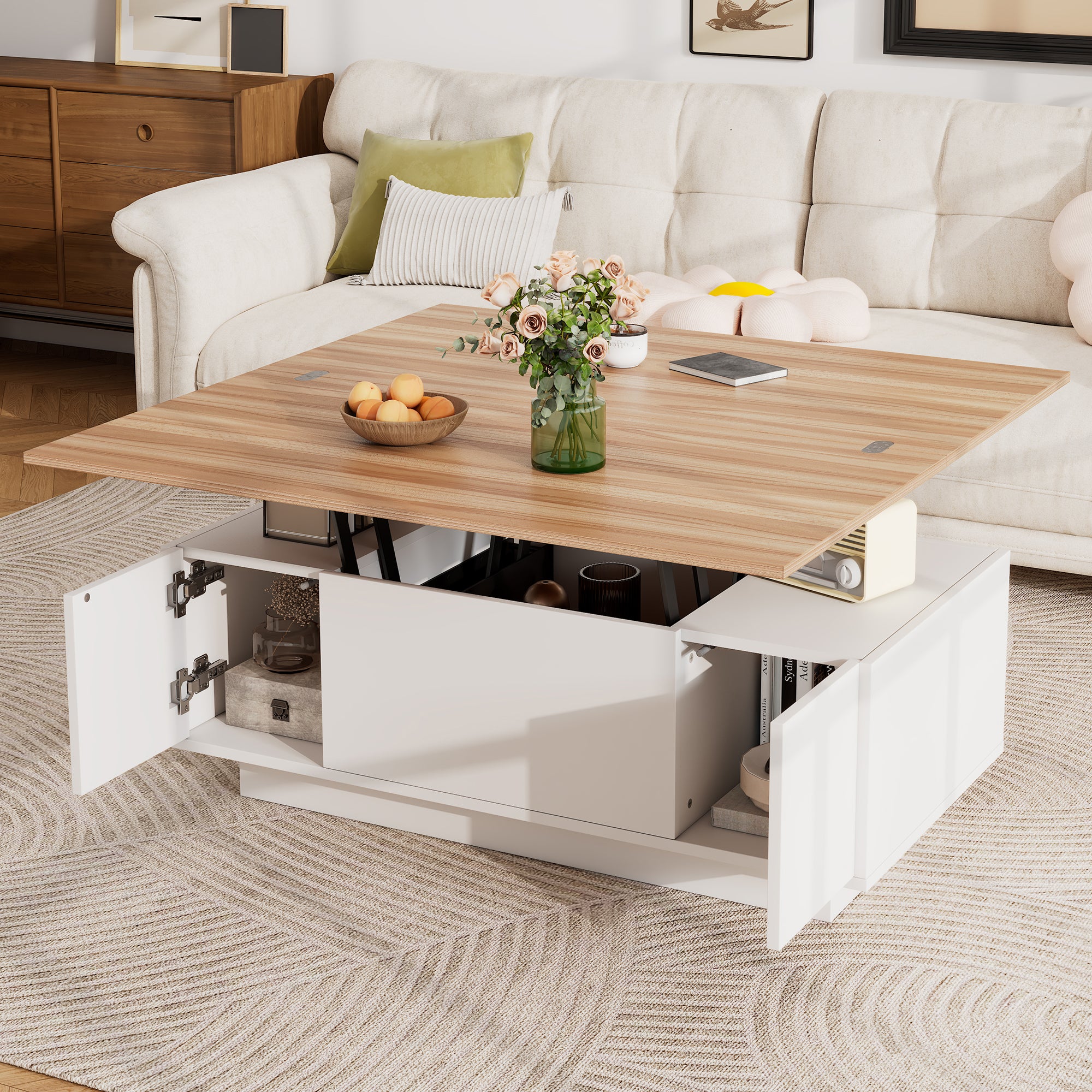 Lift Up Coffee Table Hidden Storage, 2 Lifting Platforms, White + Wood Particleboard
