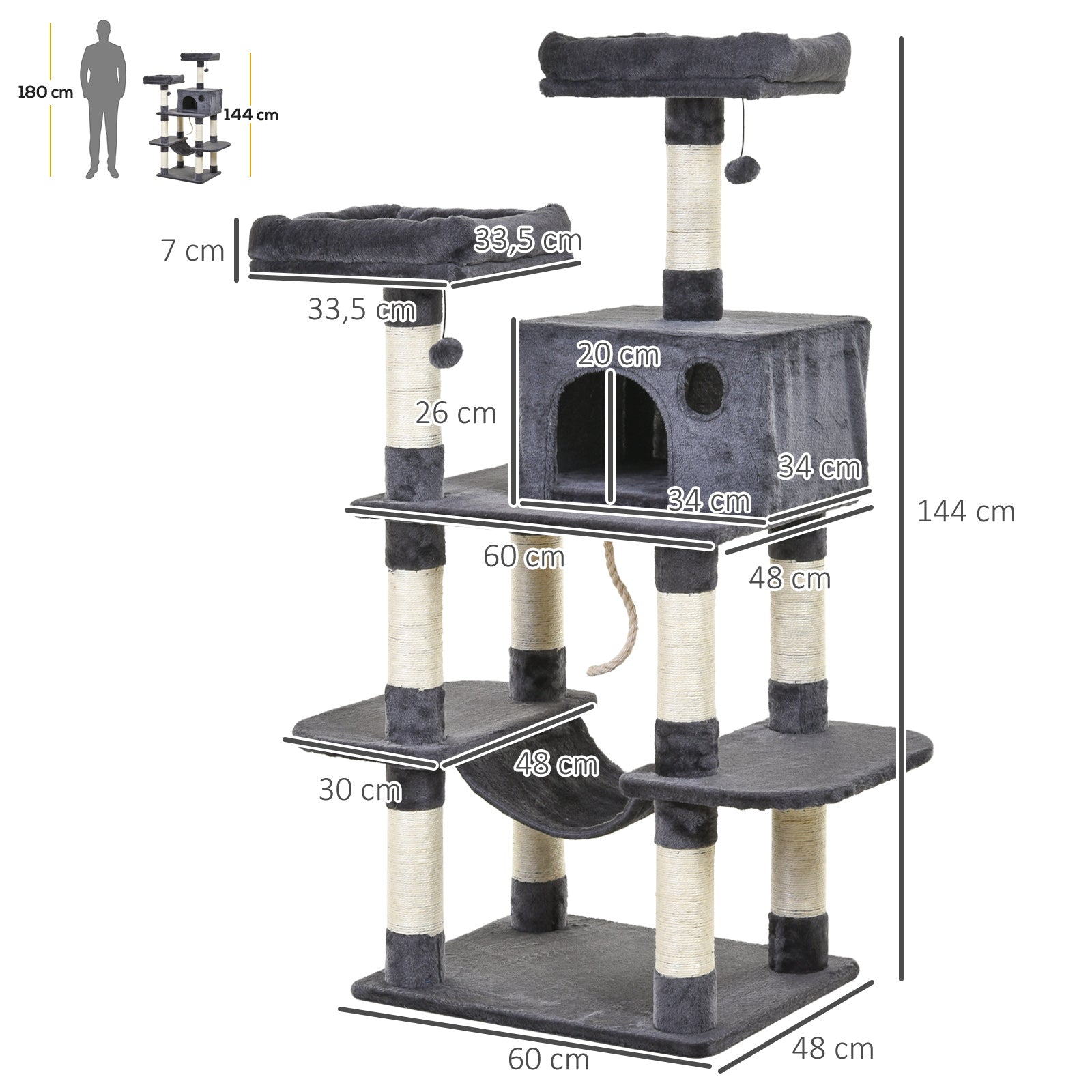 Cat Tree 144cm Wall Strap Hammock Cat House, Dark Grey