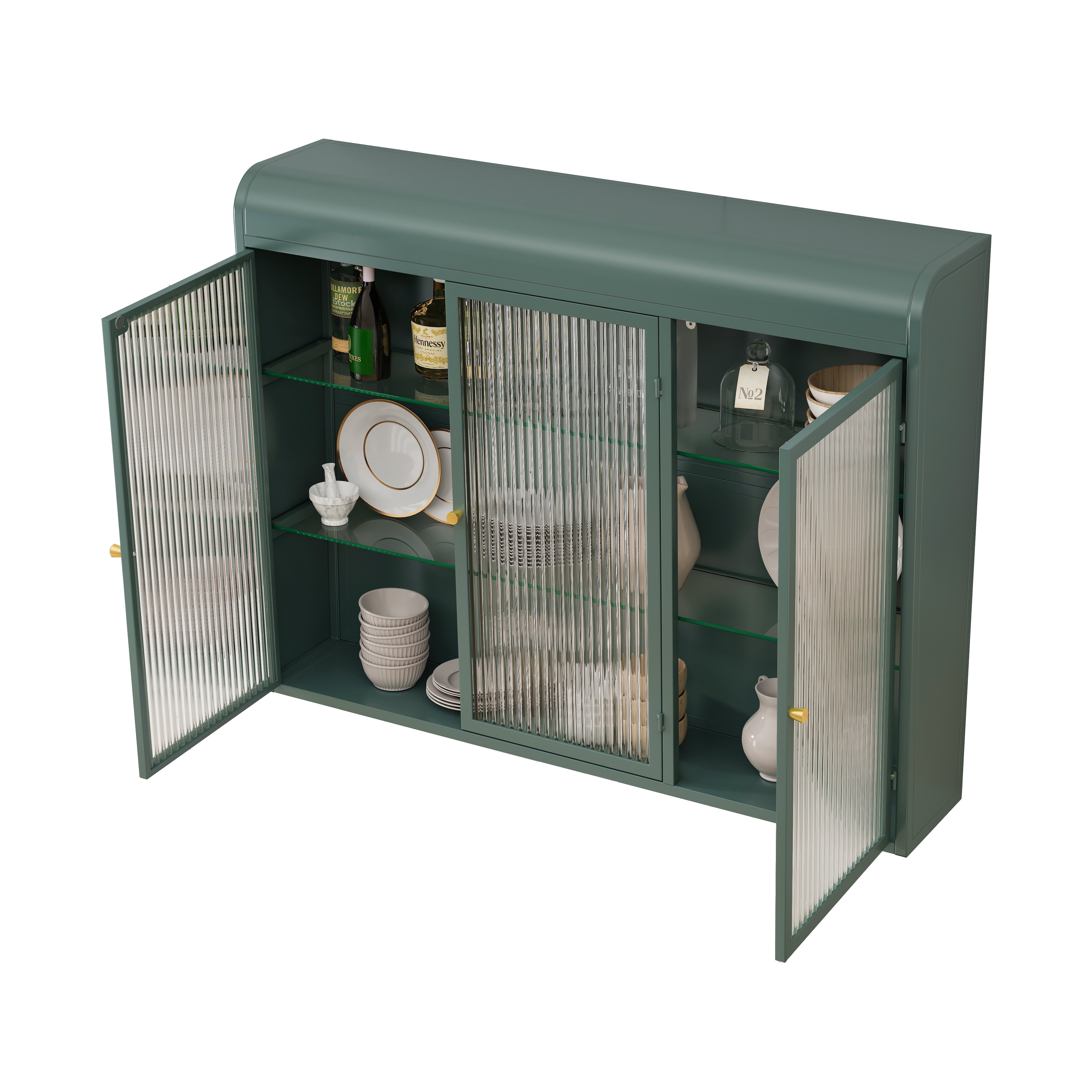 3 Door Arched Wall Mounted Glass Cabinets - Dark Green