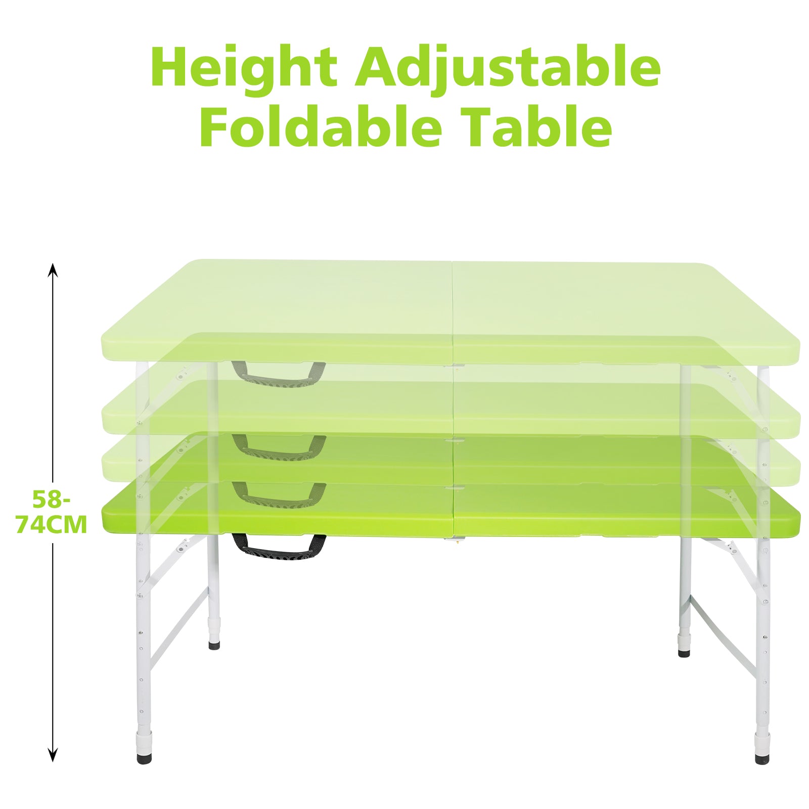 Portable Heavy Duty Folding Table with Handle, Adjustable Height, Multi-Functional for Camping, Picnic, Parties, Indoor/Outdoor, 125cm, 135kg Capacity, Green