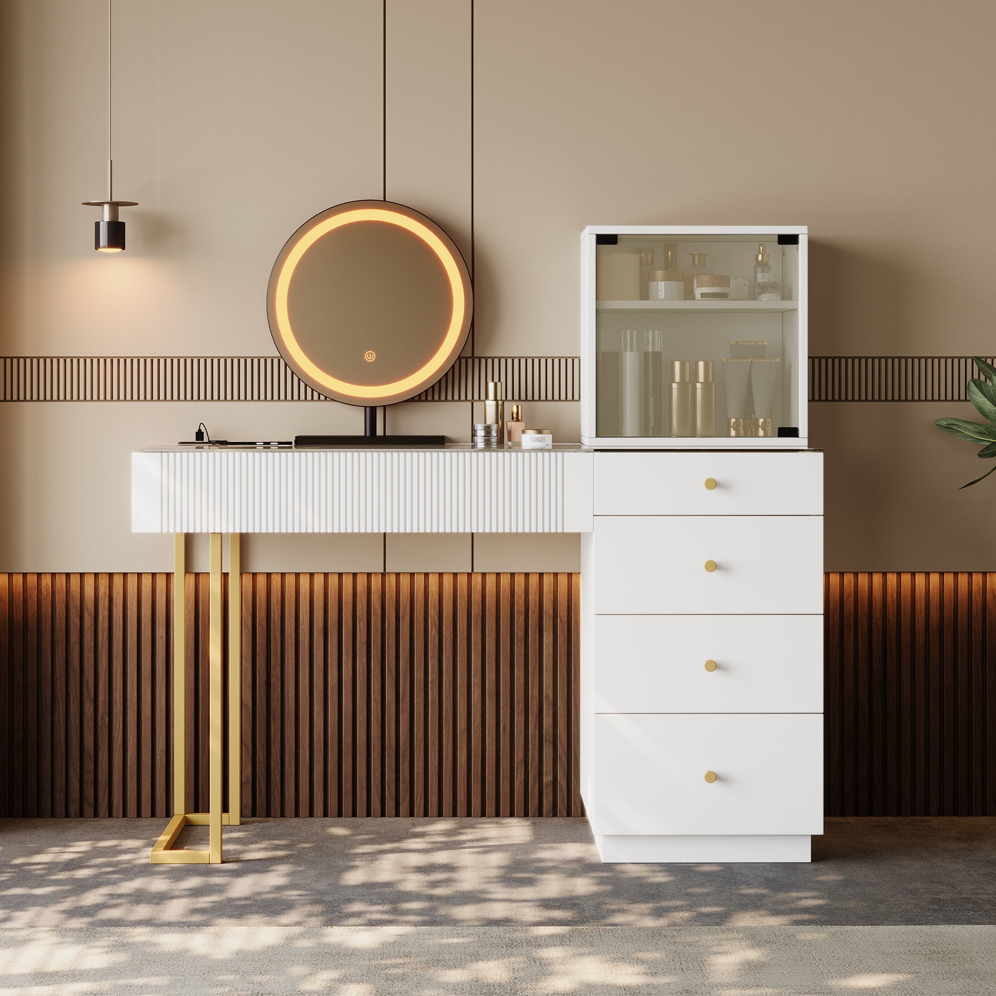 Dressing Table Set with LED Mirror and Glass Top, White