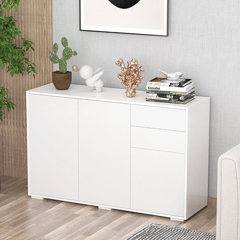 High Gloss Side Cabinet, Push-Open with 2 Drawers and 2 Cabinets, White