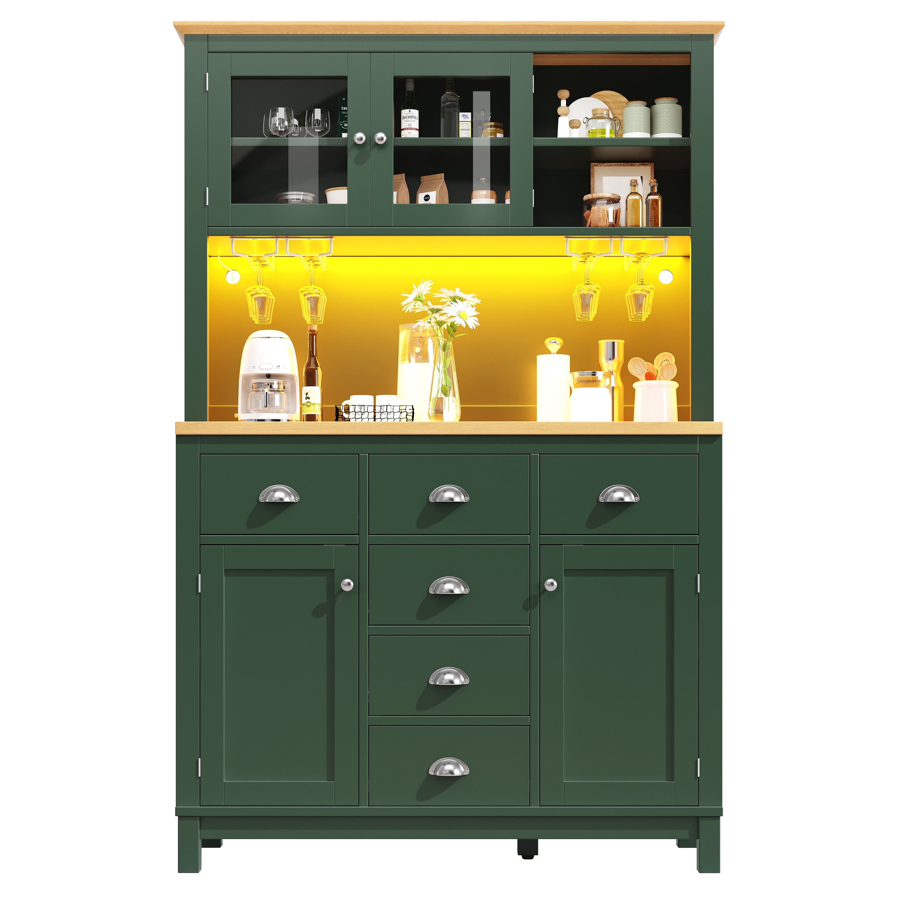 Buffet Sideboard Cabinet with 4 Doors and LED Lights, Green and White