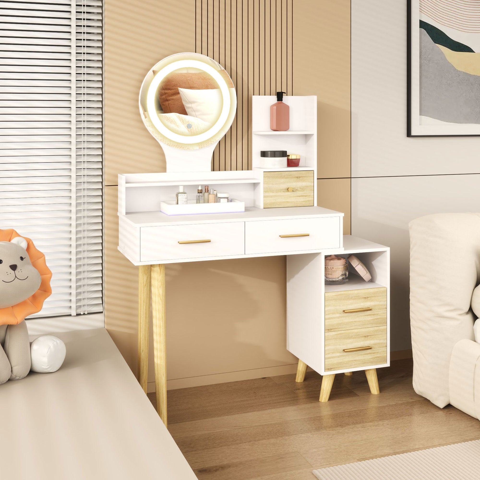 Elegant Dressing Table LED Mirror Integrated Storage White