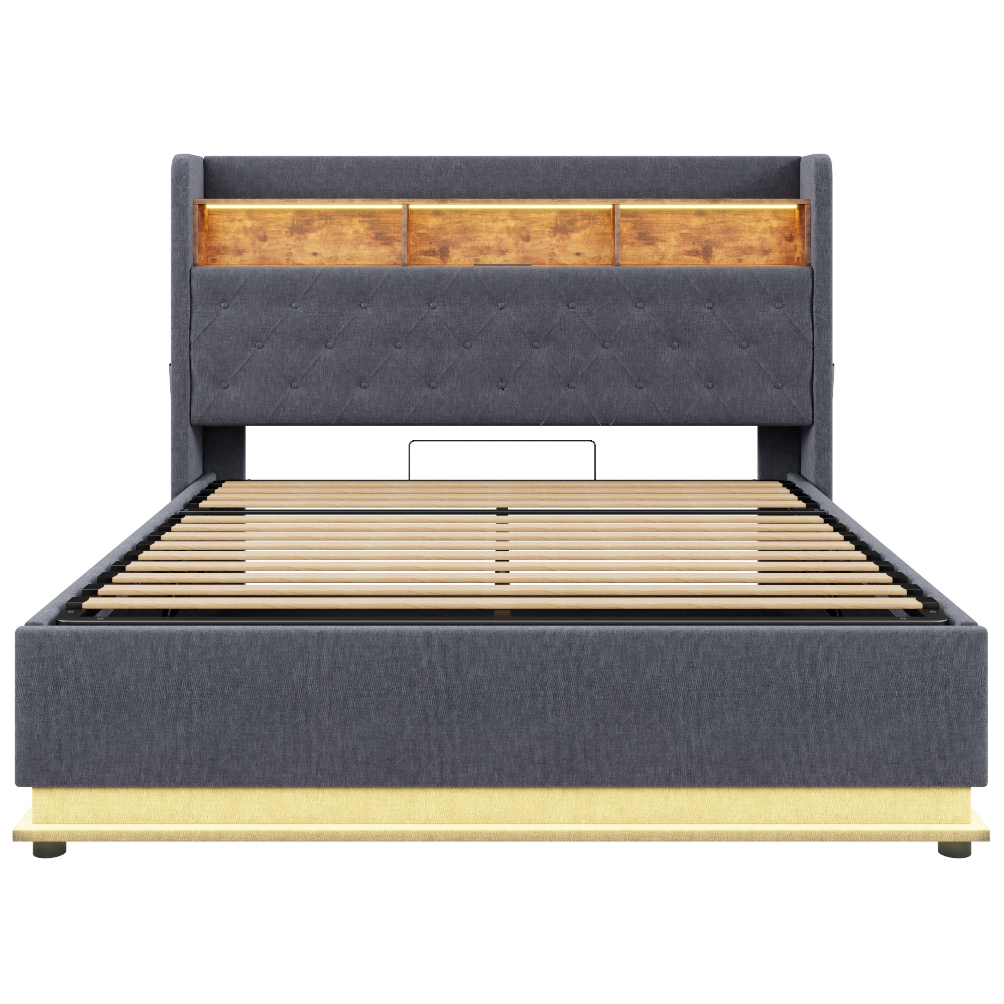 LED Upholstered Bed, 160x200cm, USB Charging, Hydraulic Storage, Linen Fabric, Grey