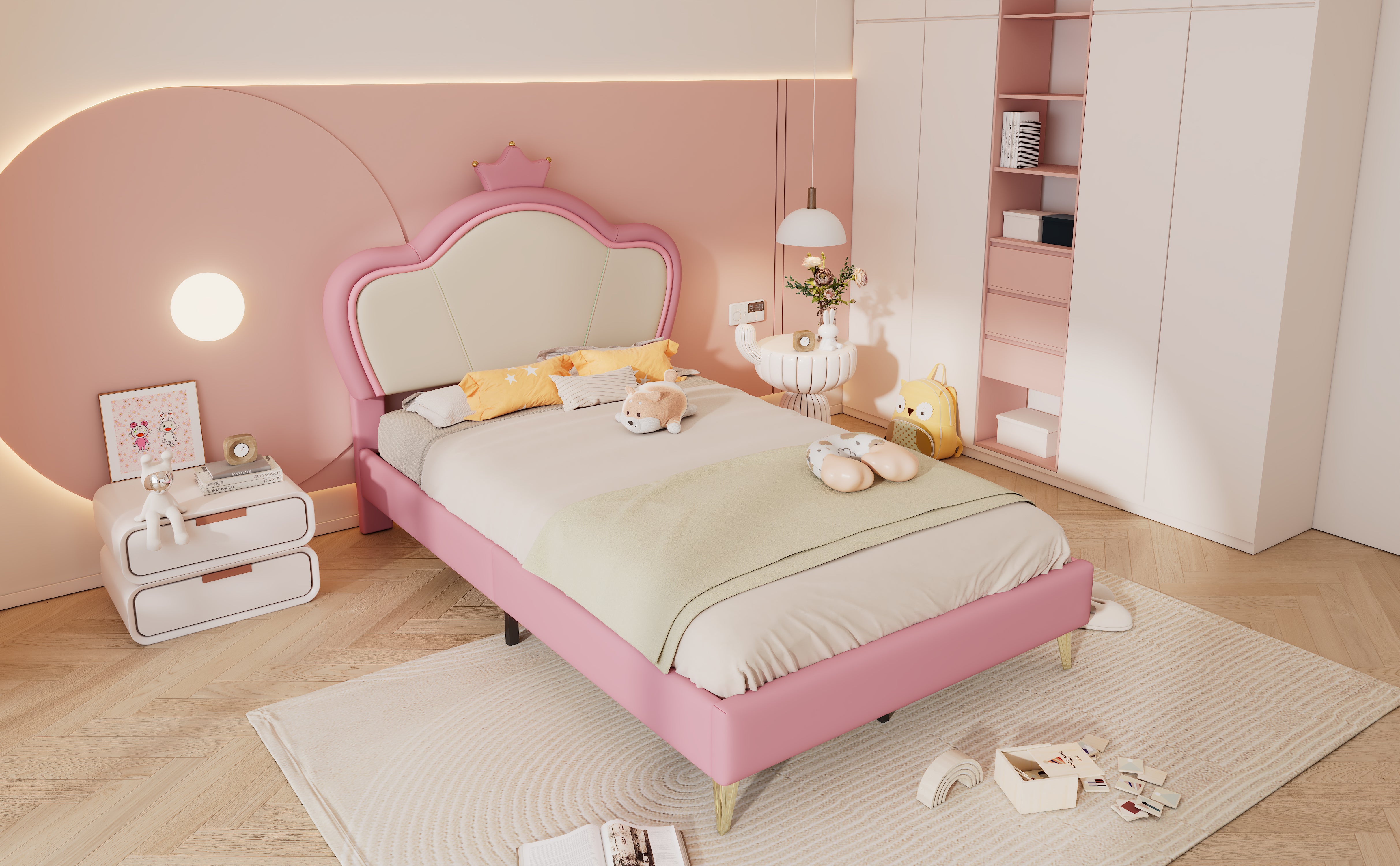 Kids Upholstered Single Bed – Crown Headboard, Pink & White PU
