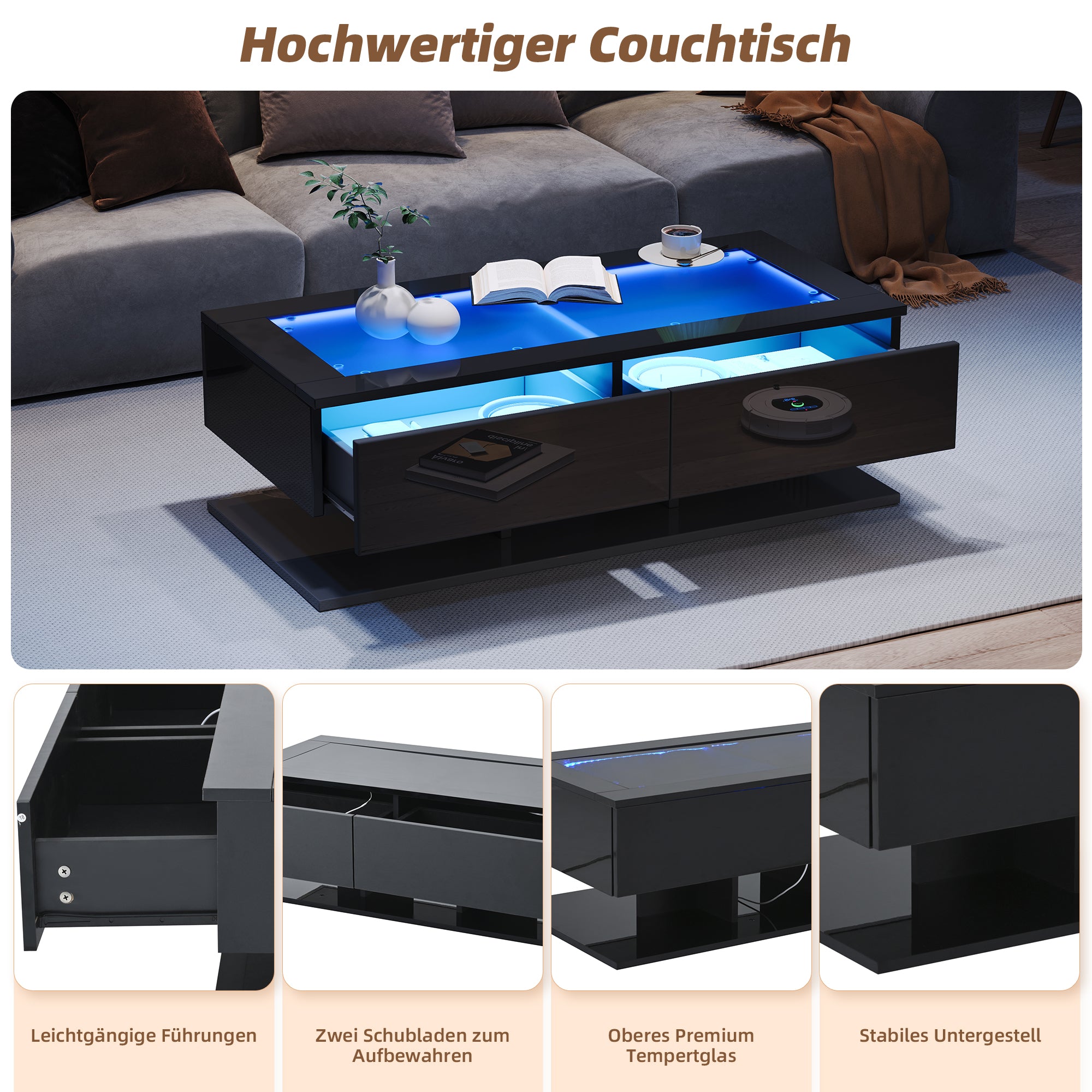 Coffee Table with Drawers, LED Light, Glass Top, Black