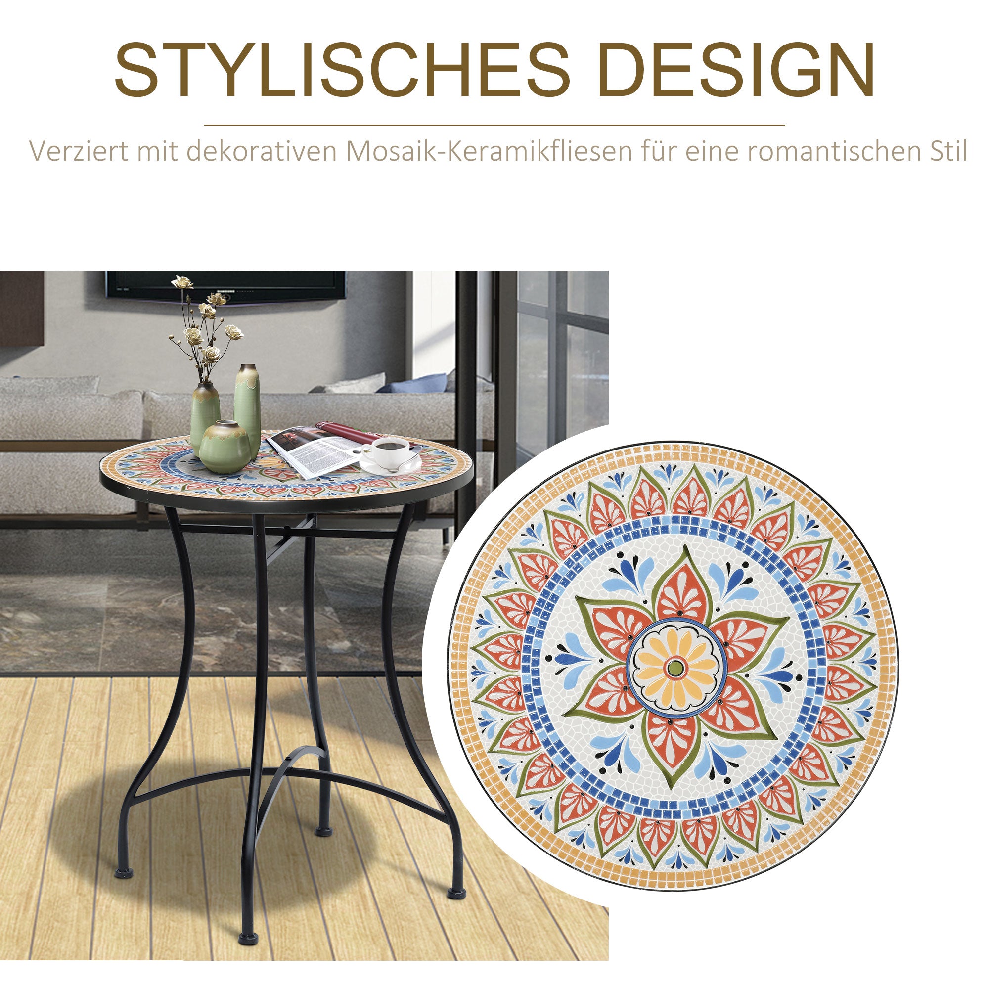 Garden Table Mosaic Bistro Side Table Round Ø60 cm, Ceramic Metal Red+Blue+White