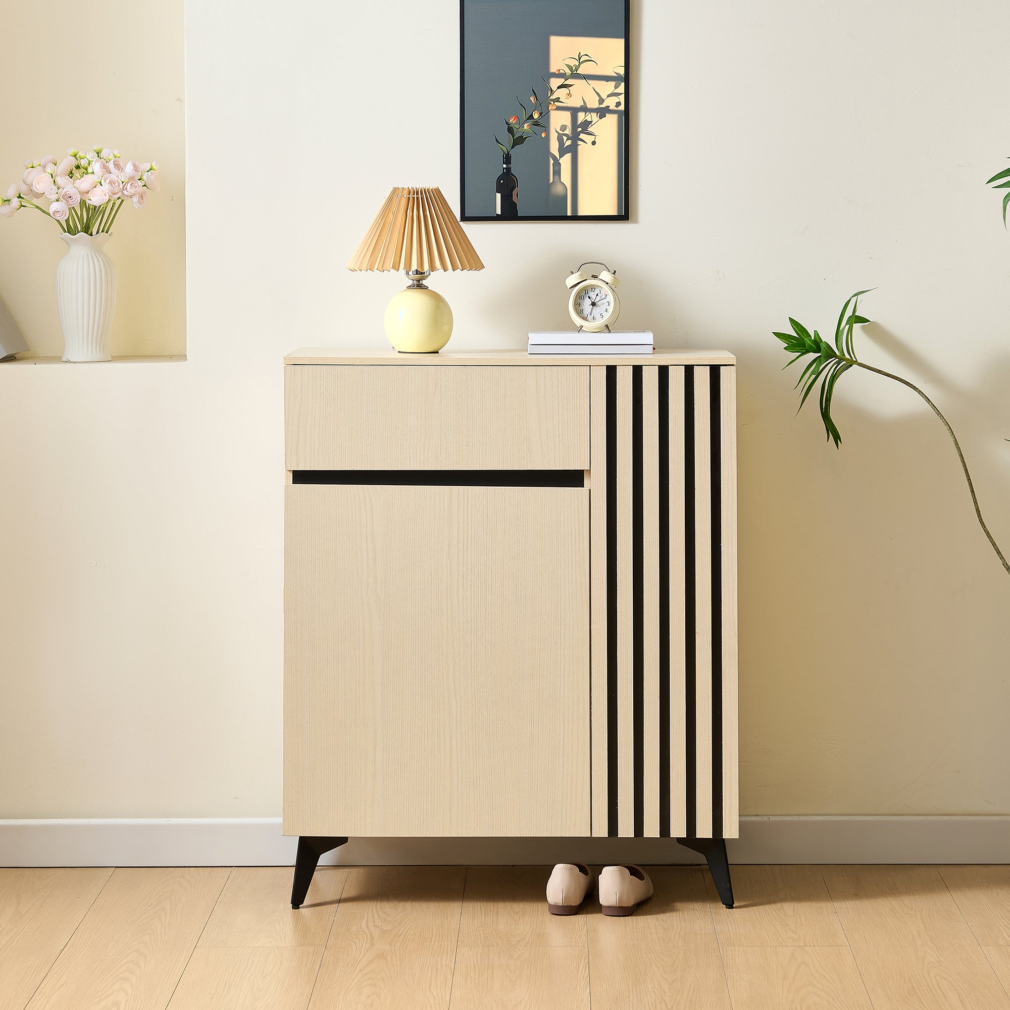 Sideboard/Shoe Cabinet with 2 Doors, 1 Drawer, Adjustable Shelves, Light Wood MDF