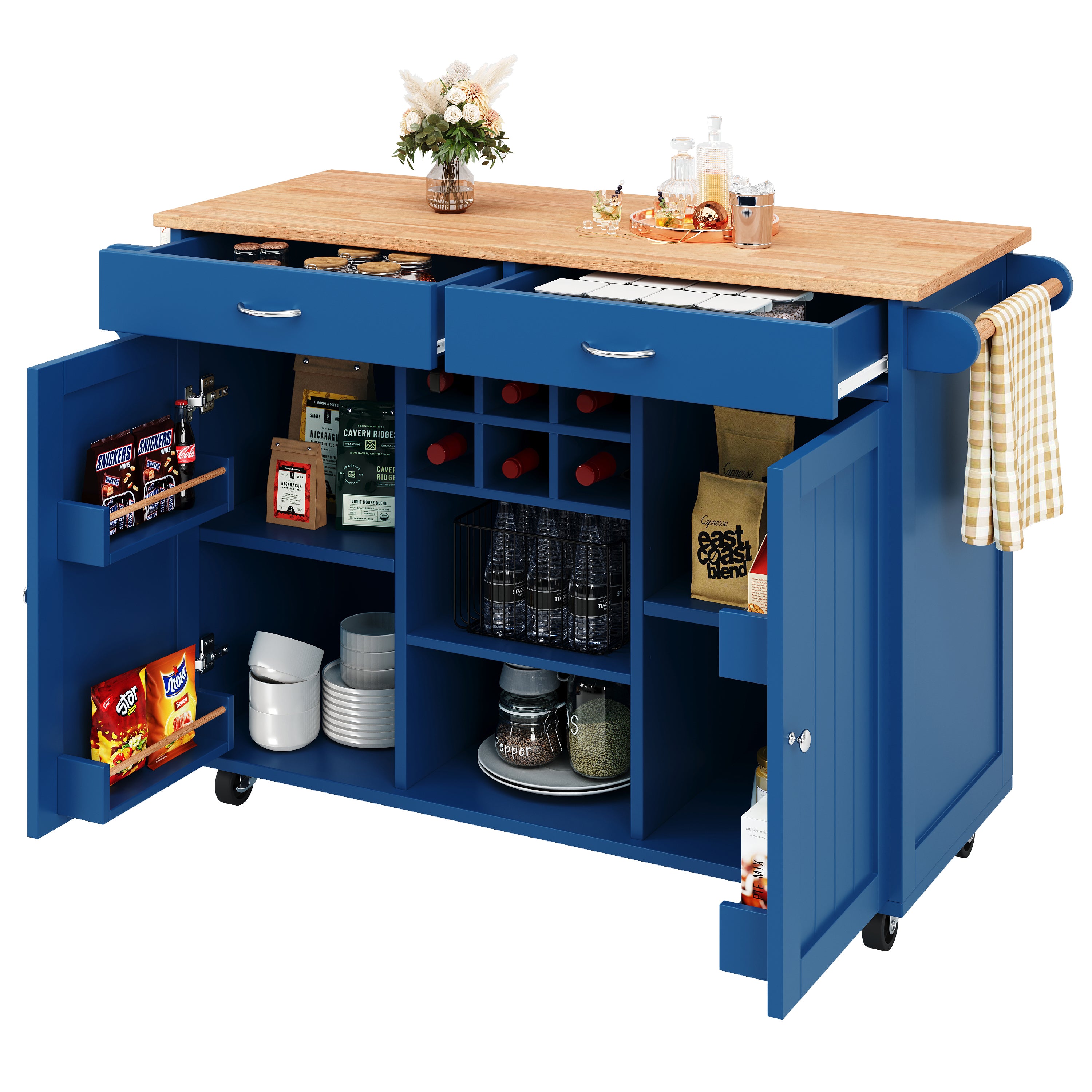 Modern Kitchen Island Dining Table Storage Wood Grain - Blue