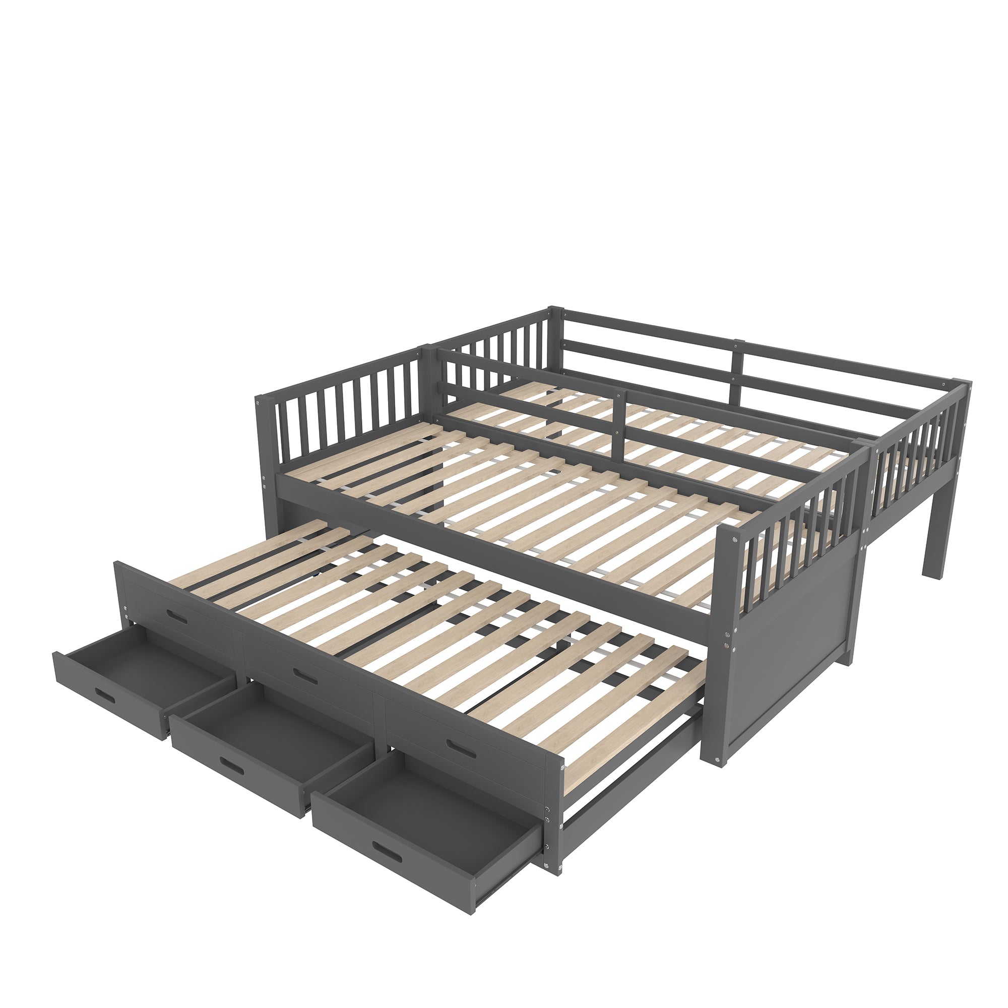 Bunk Bed 90x200cm House with Pull-Out Bed, Ladder & 3 Drawers, Pine Wood/MDF Grey