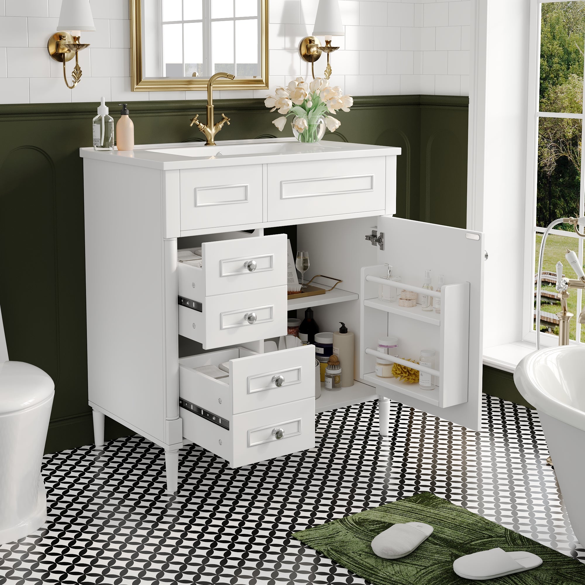 Bathroom Vanity Unit with Sink and 2 Storage Drawers, White