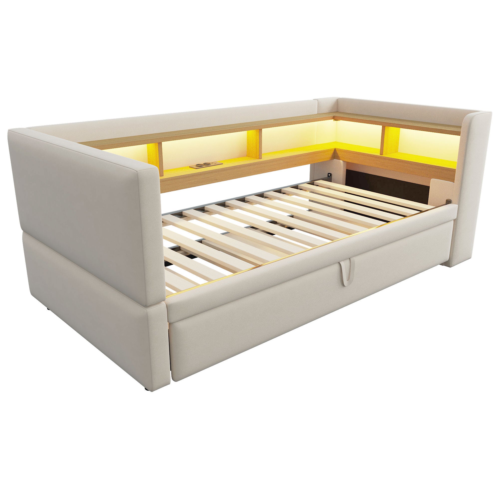 Multi-Functional Sofa Bed with Storage, LED Lighting & USB/Power Outlets, Beige