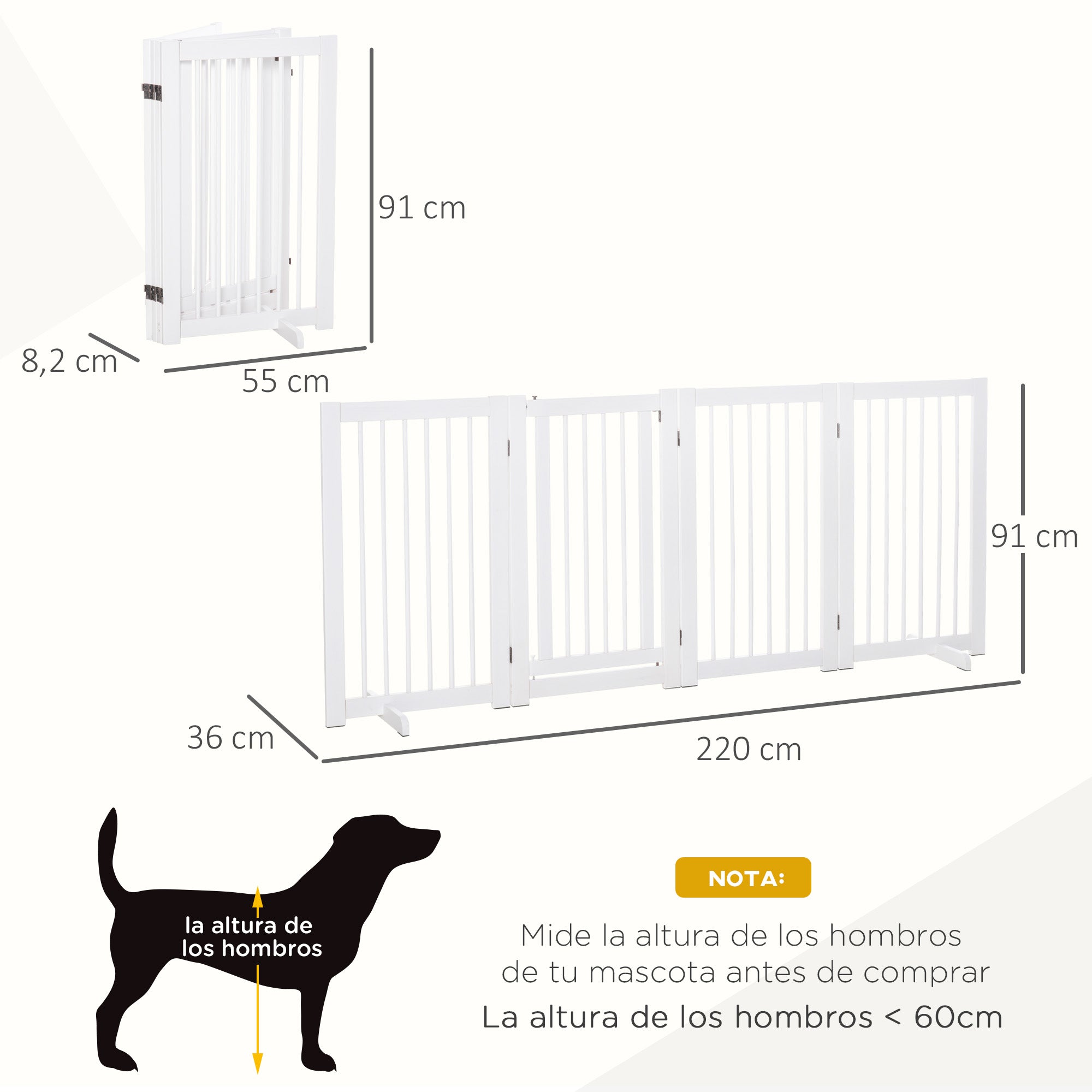 Dog Gate 4-Piece Set Foldable Freestanding 220 x 91 cm, Wooden White