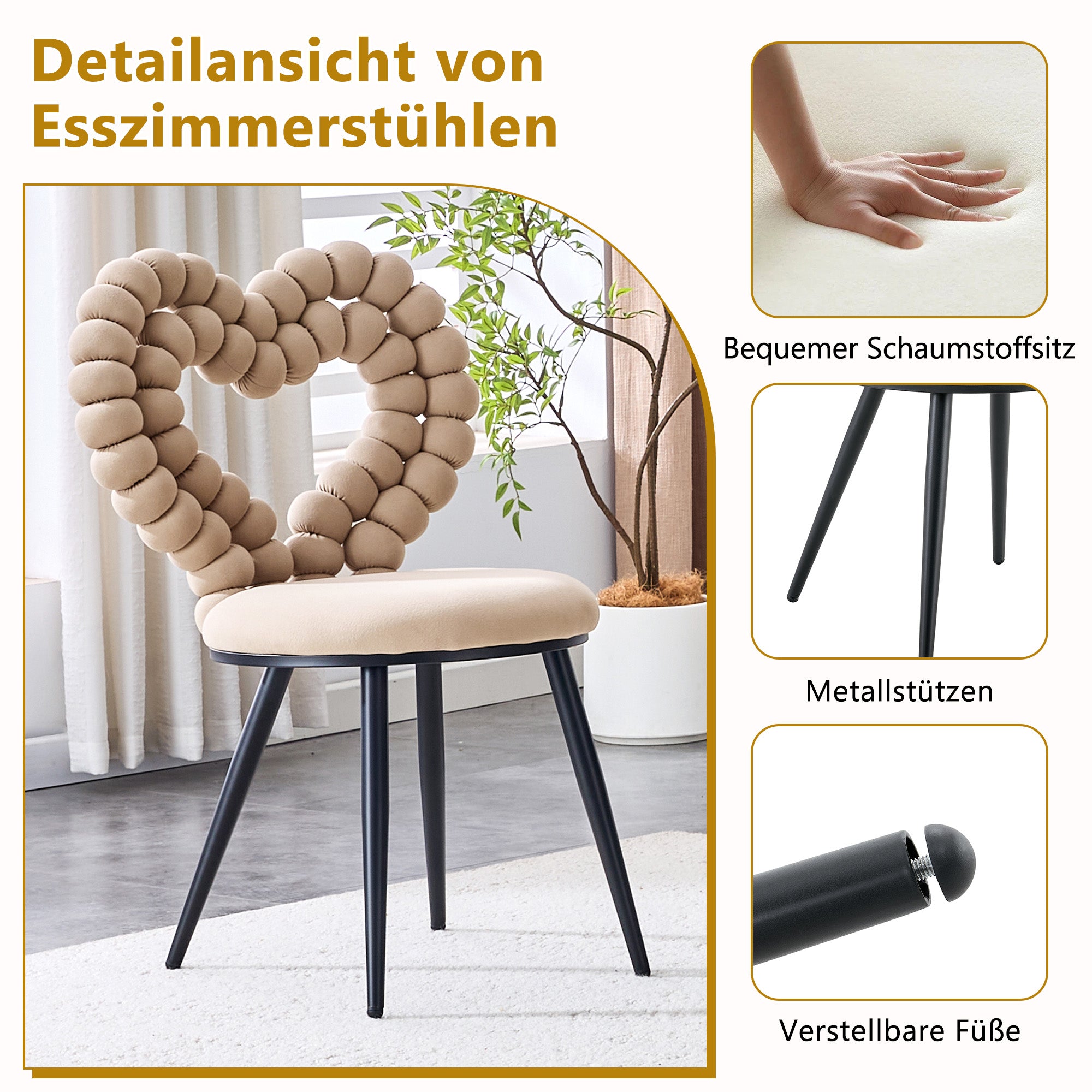 Camel Dining Chairs (Set of 2) - Triangular Cutout Backrest, Metal Legs, Velvet