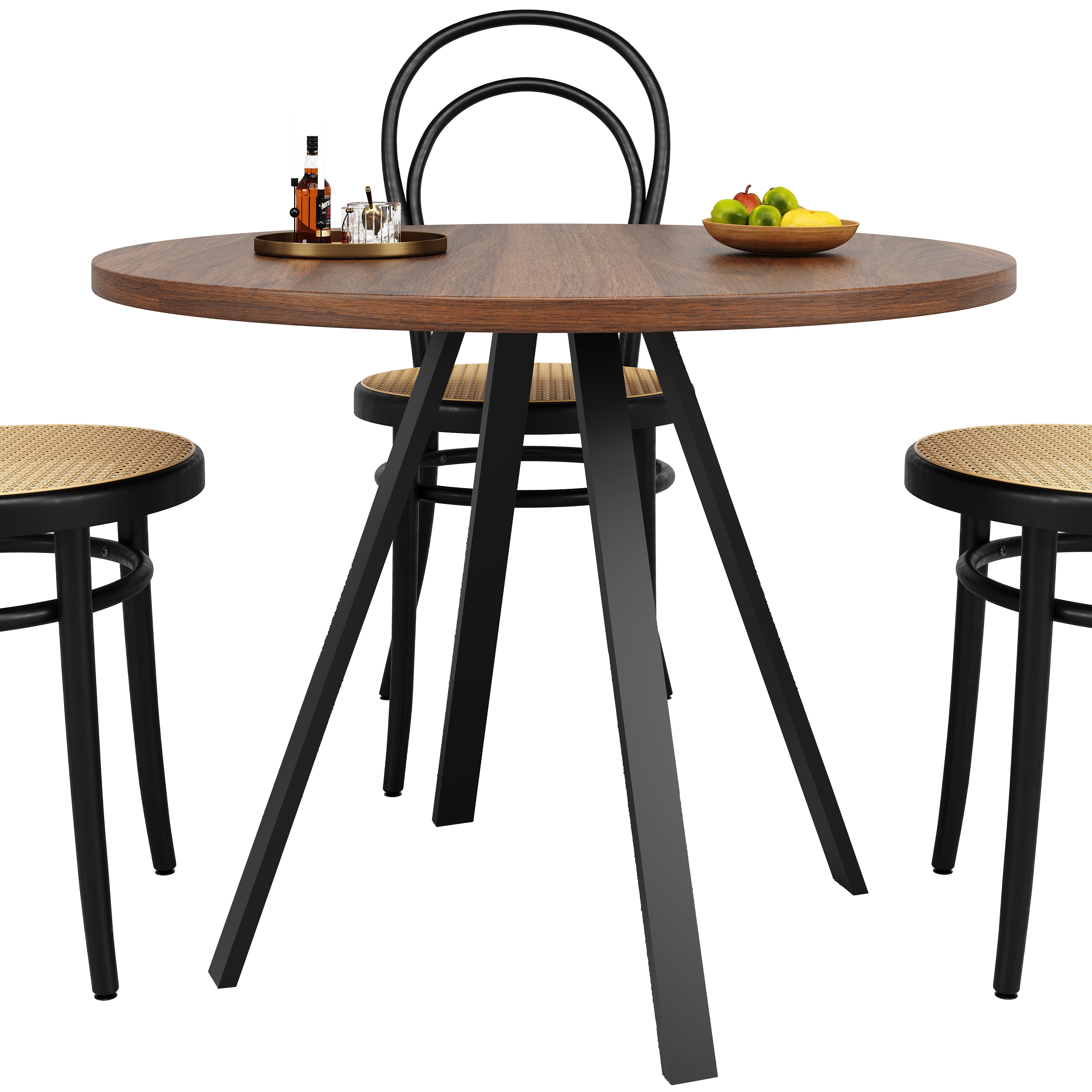 Round Dining Table 80cm Kitchen Coffee Table for 4 Metal Legs Walnut & Black