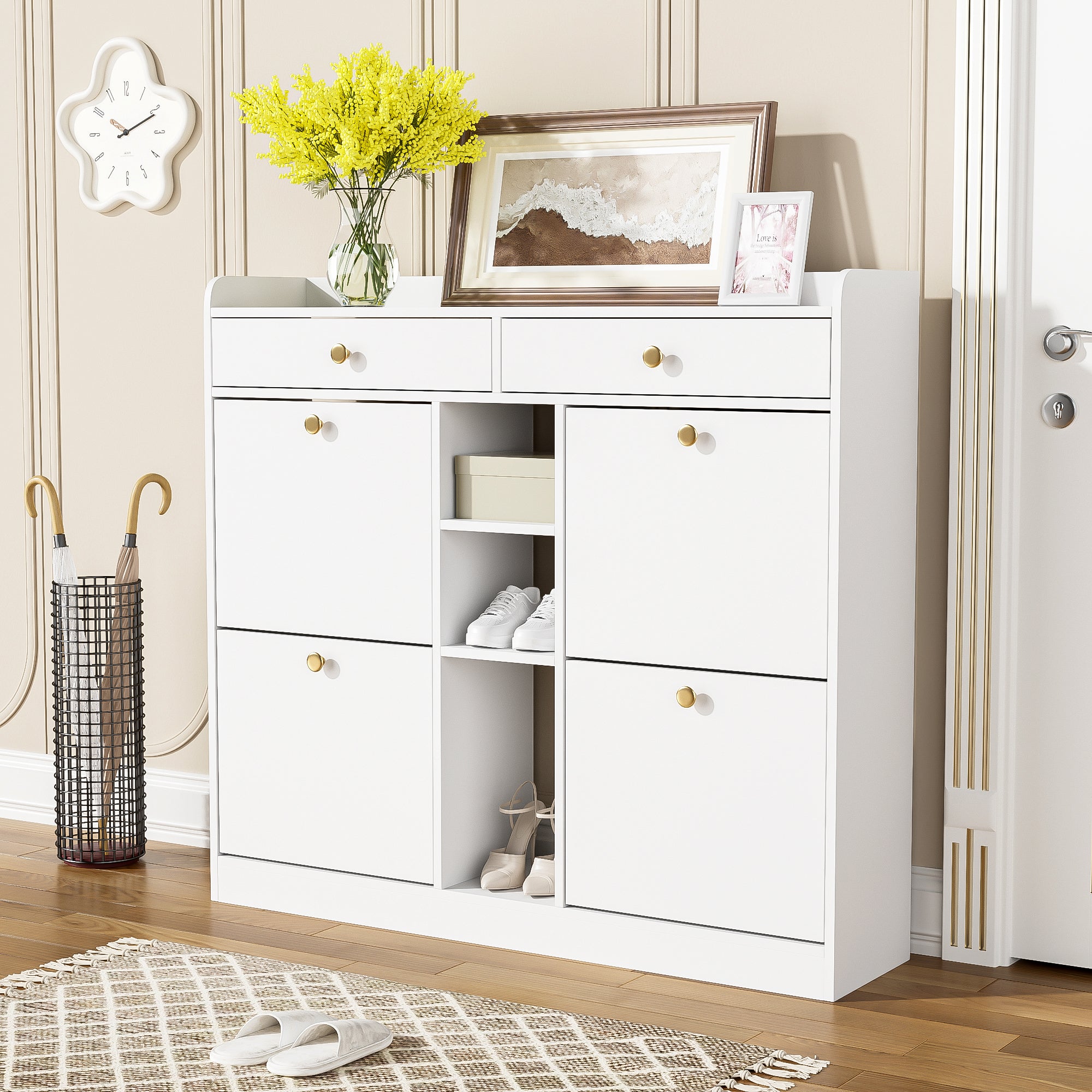 Shoe Cabinet with 4 Hinged Doors, 2 Drawers, 3 Open Compartments, White