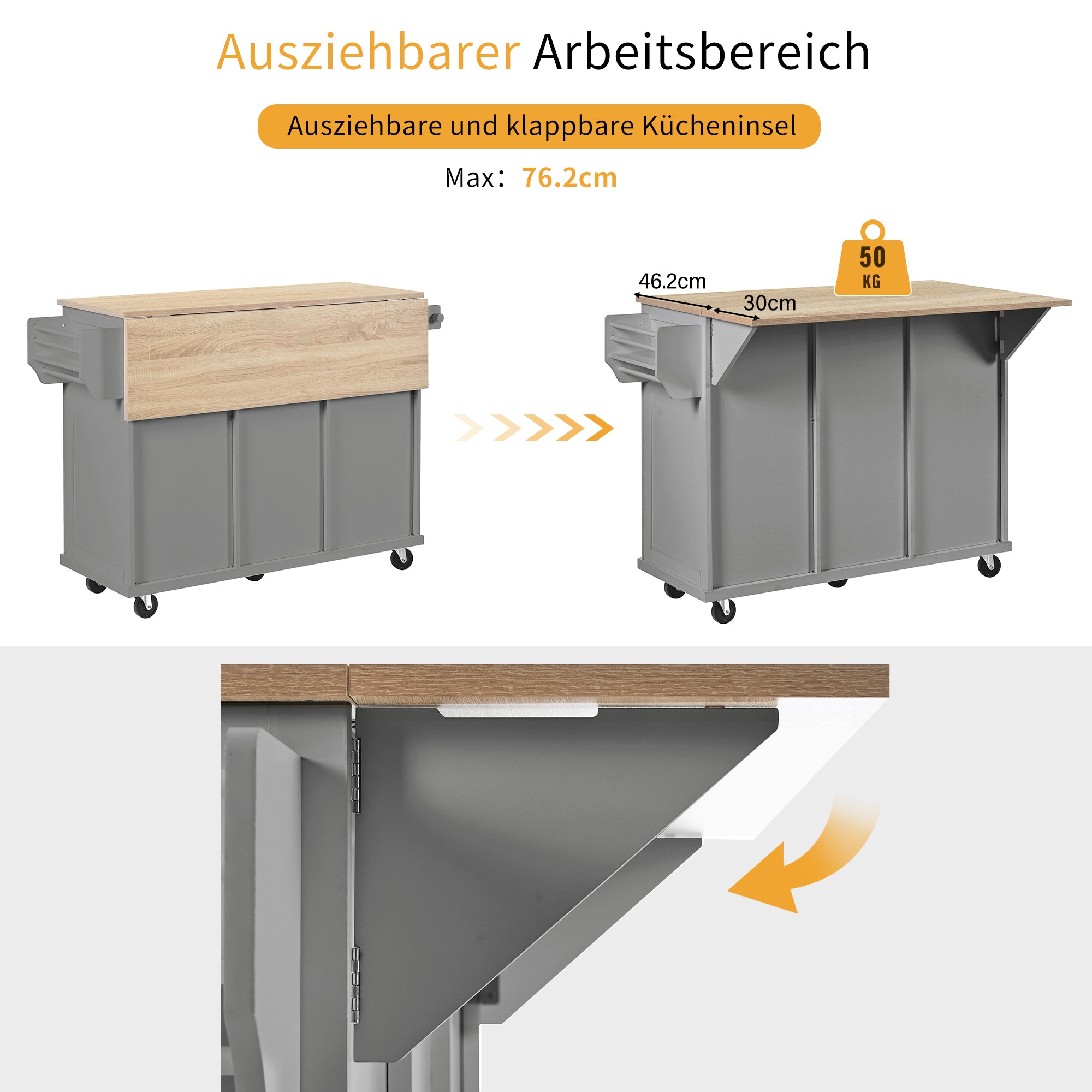Mobile Kitchen Island with Extendable Dining Area and Waste Bin, Grey