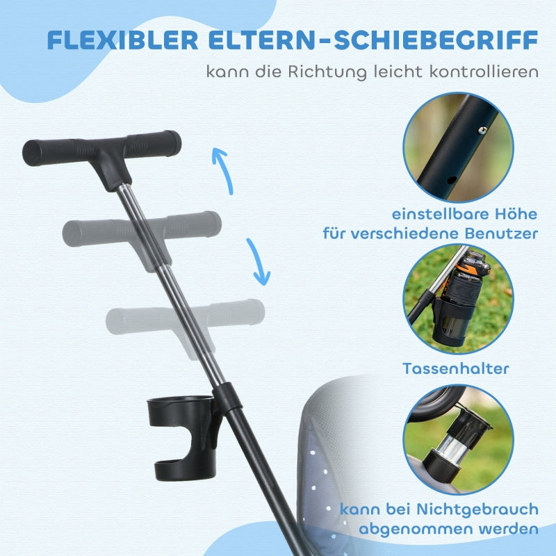 Children's tricycle 6-in-1 with push bar, canopy, belt, storage basket, dark blue