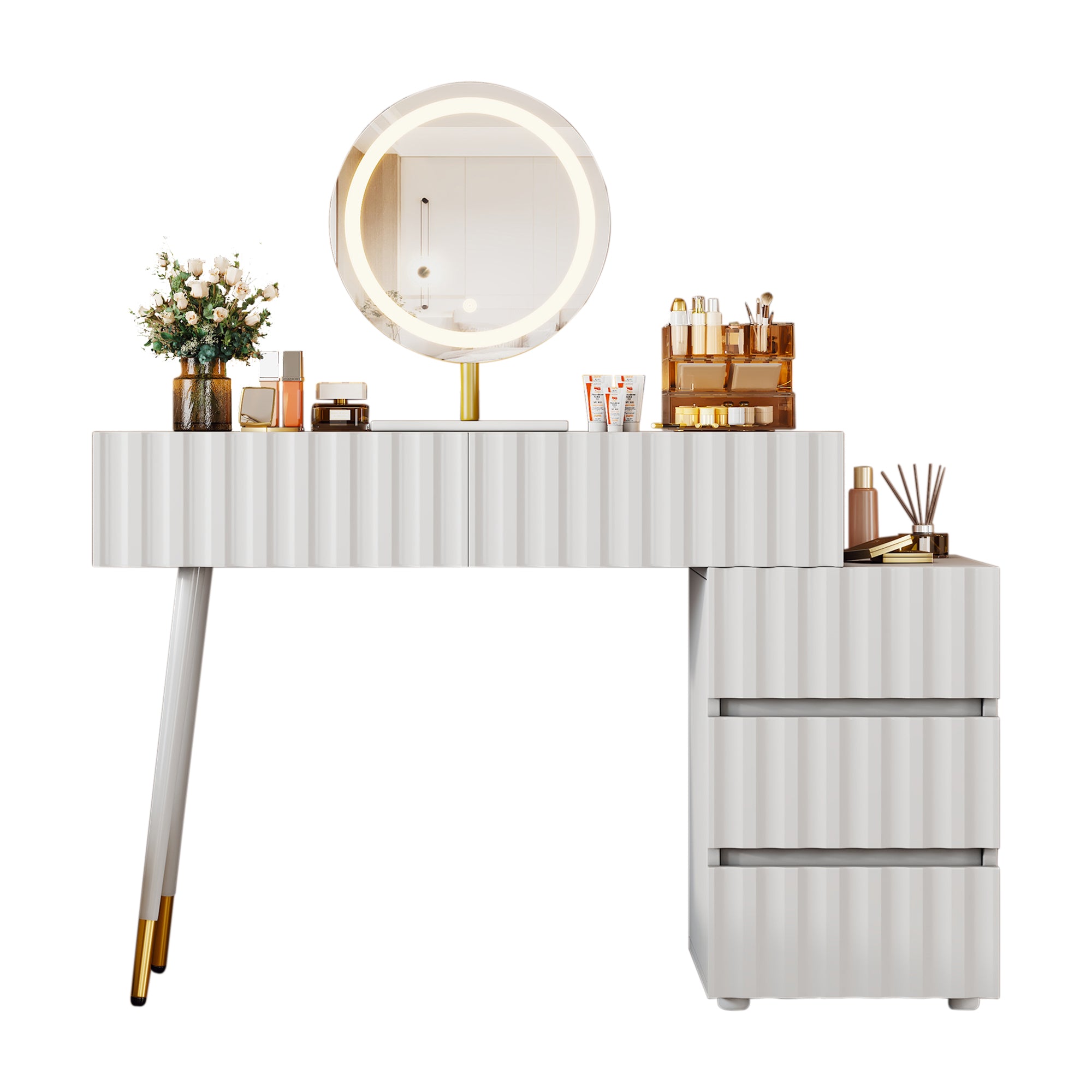 Dressing table with LED mirror and lighting, 5 spacious drawers, white