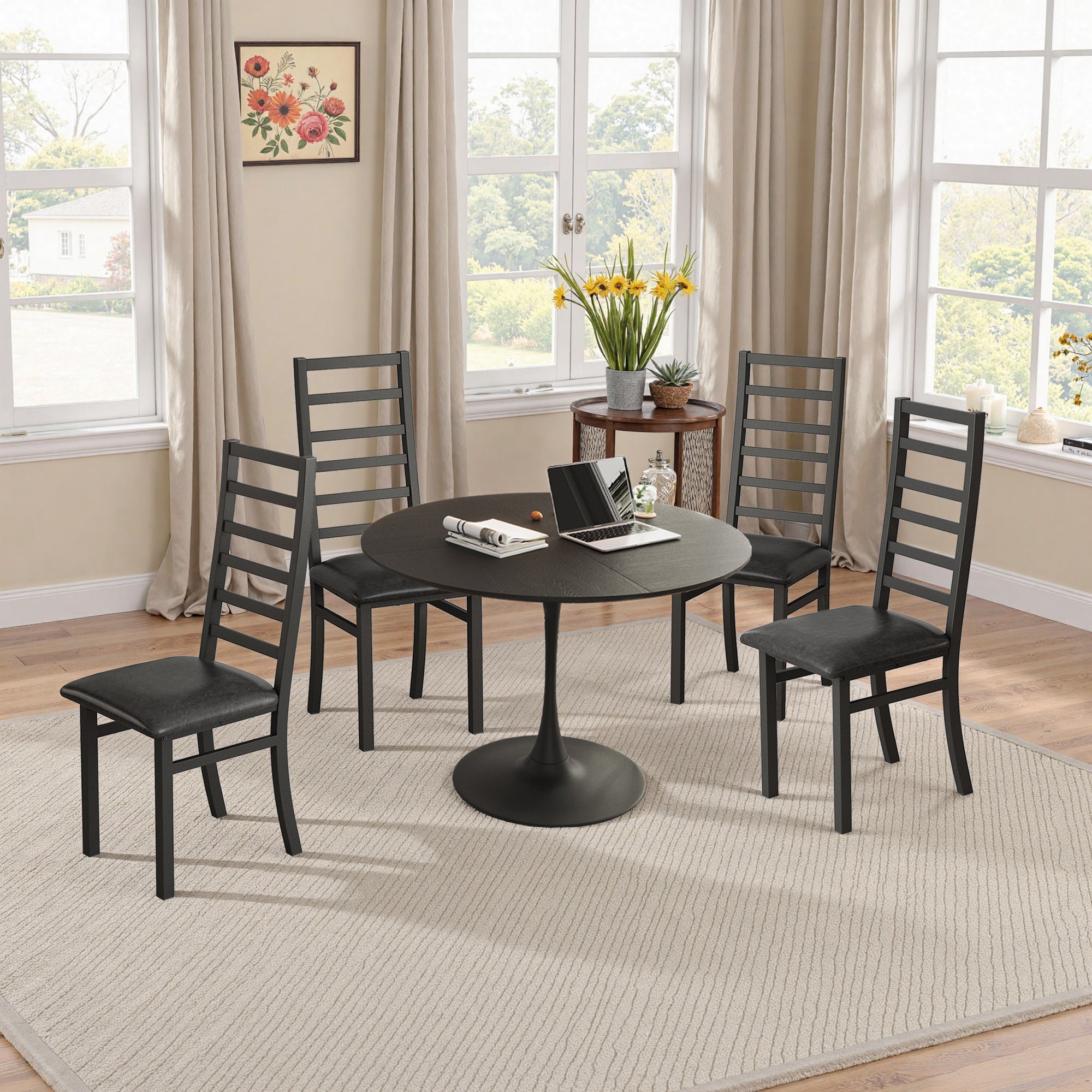 Dining Table Set, 4-Person 120CM Tulip with 4 Chairs, Black