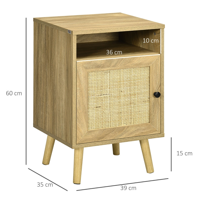 Bedside Table with Shelf and Cupboard, Rattan Element, Natural